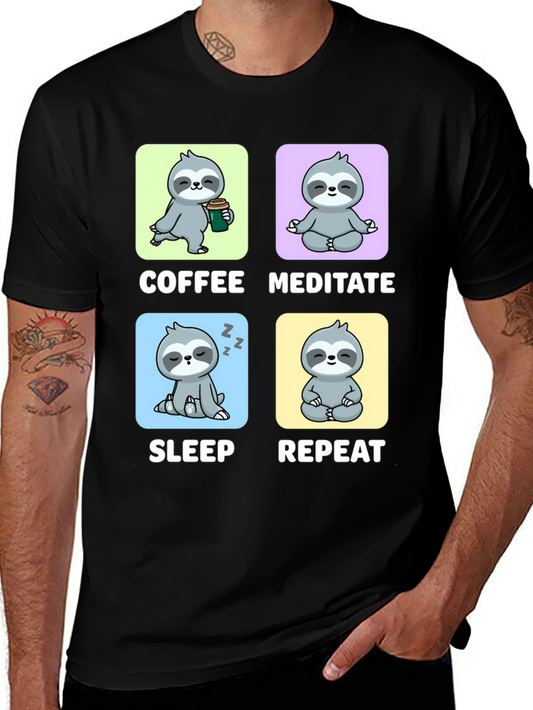 Sloth Coffee Meditate Sleep Repeat Black Graphic Tee