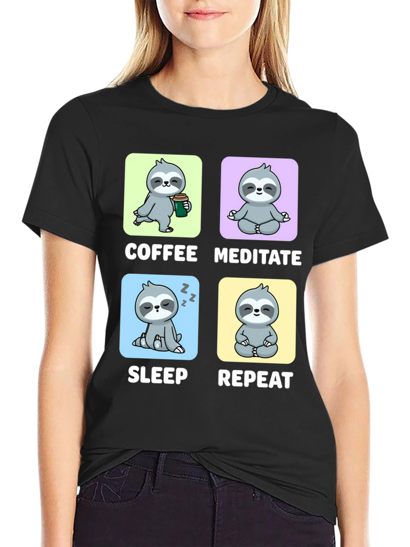 Sloth Coffee Meditate Sleep Repeat Black Graphic Tee