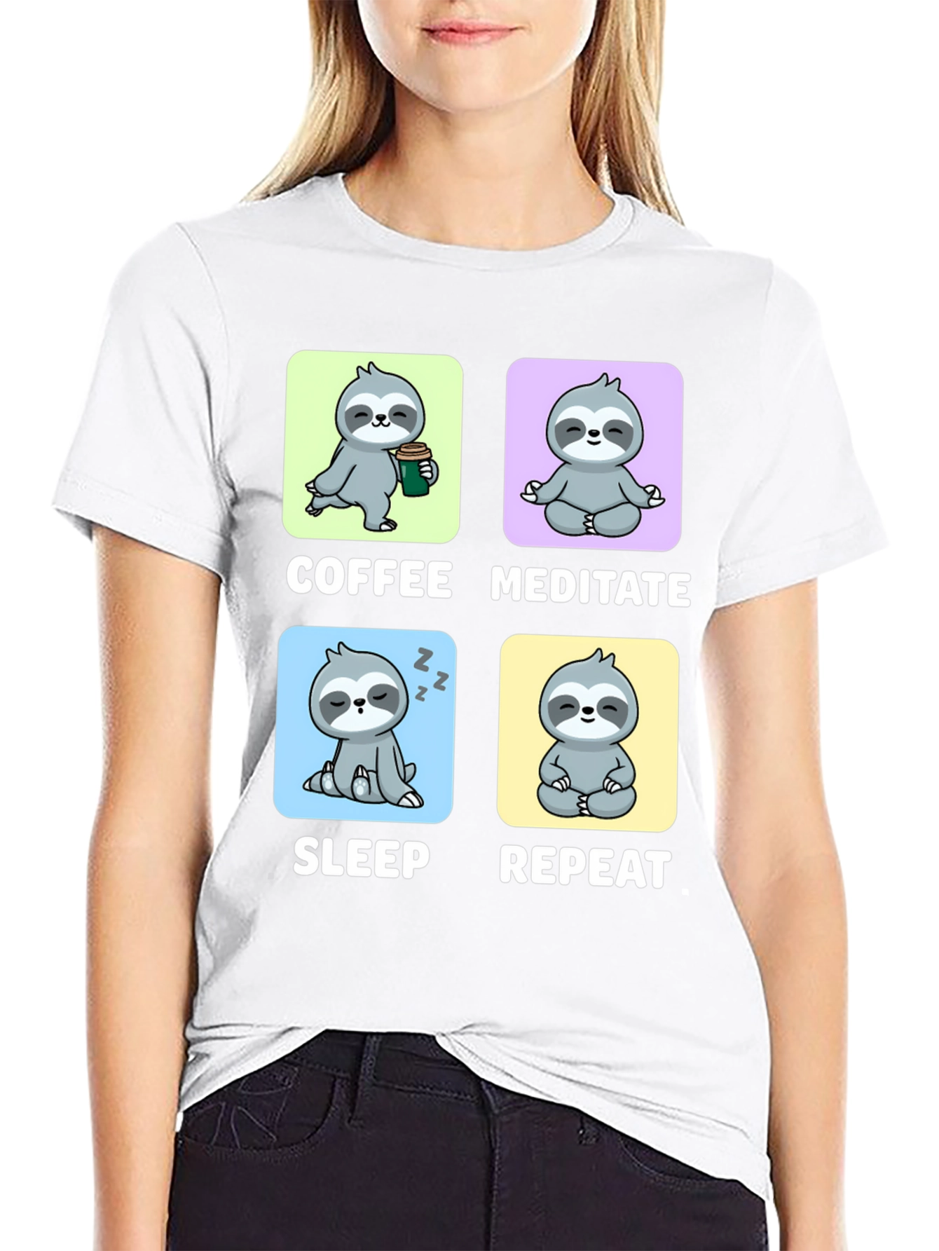 Sloth Coffee Meditate Sleep Repeat Black Graphic Tee
