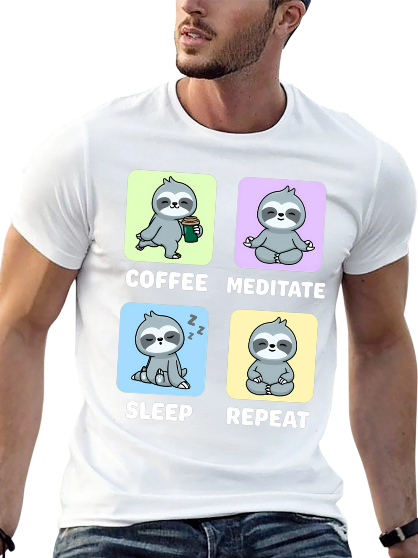 Sloth Coffee Meditate Sleep Repeat Black Graphic Tee