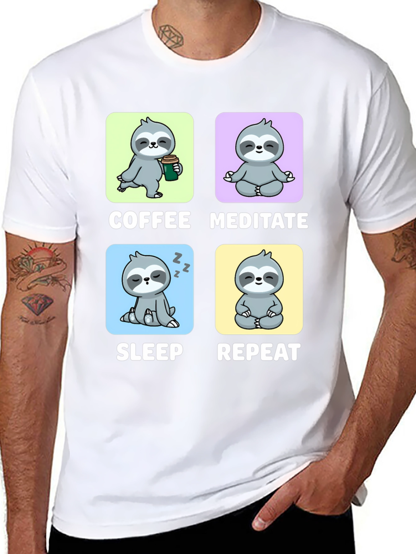 Sloth Coffee Meditate Sleep Repeat Black Graphic Tee