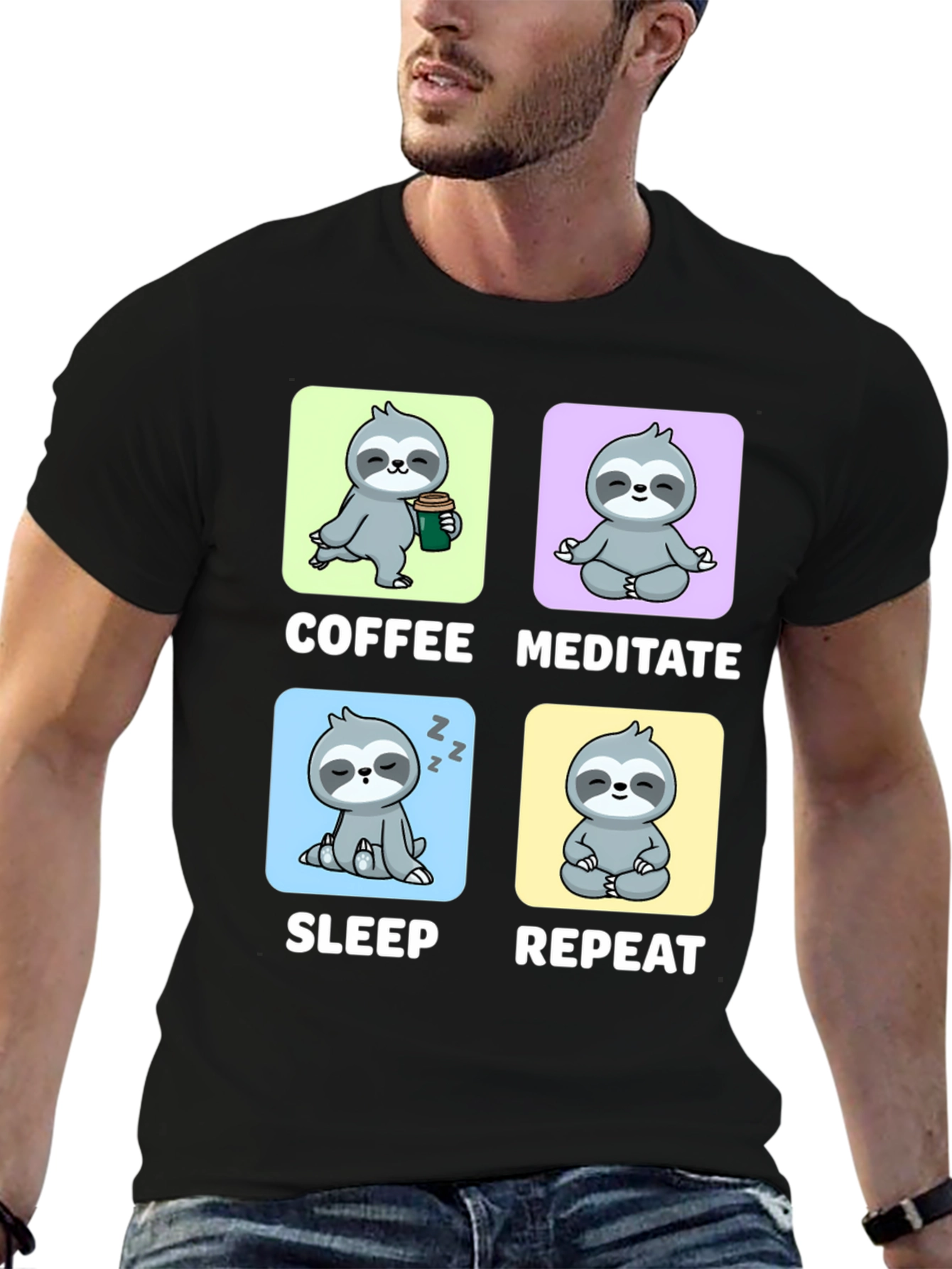Sloth Coffee Meditate Sleep Repeat Black Graphic Tee