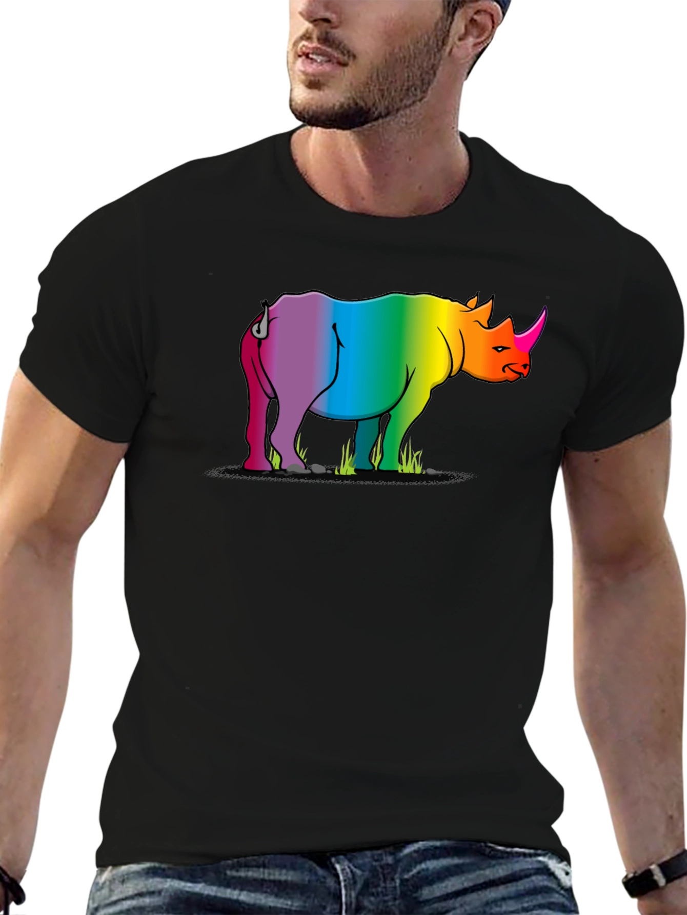 Rainbow Rhino Graphic Tee - Black Cotton T-Shirt
