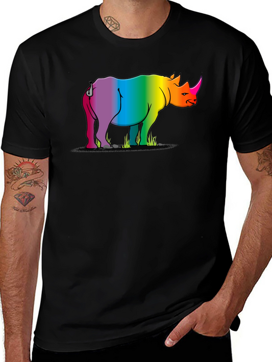 Rainbow Rhino Graphic Tee - Black Cotton T-Shirt