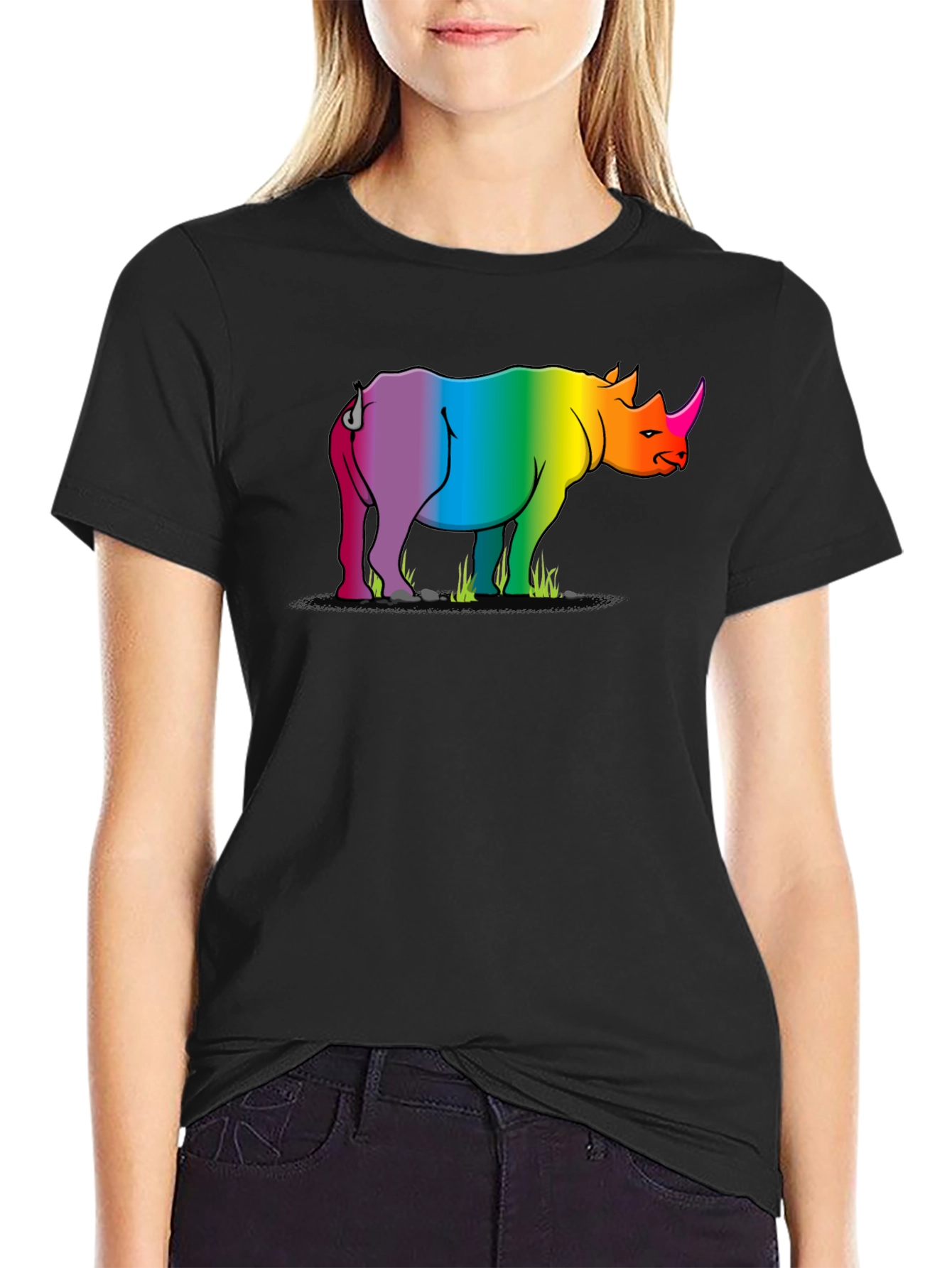 Rainbow Rhino Graphic Tee - Black Cotton T-Shirt