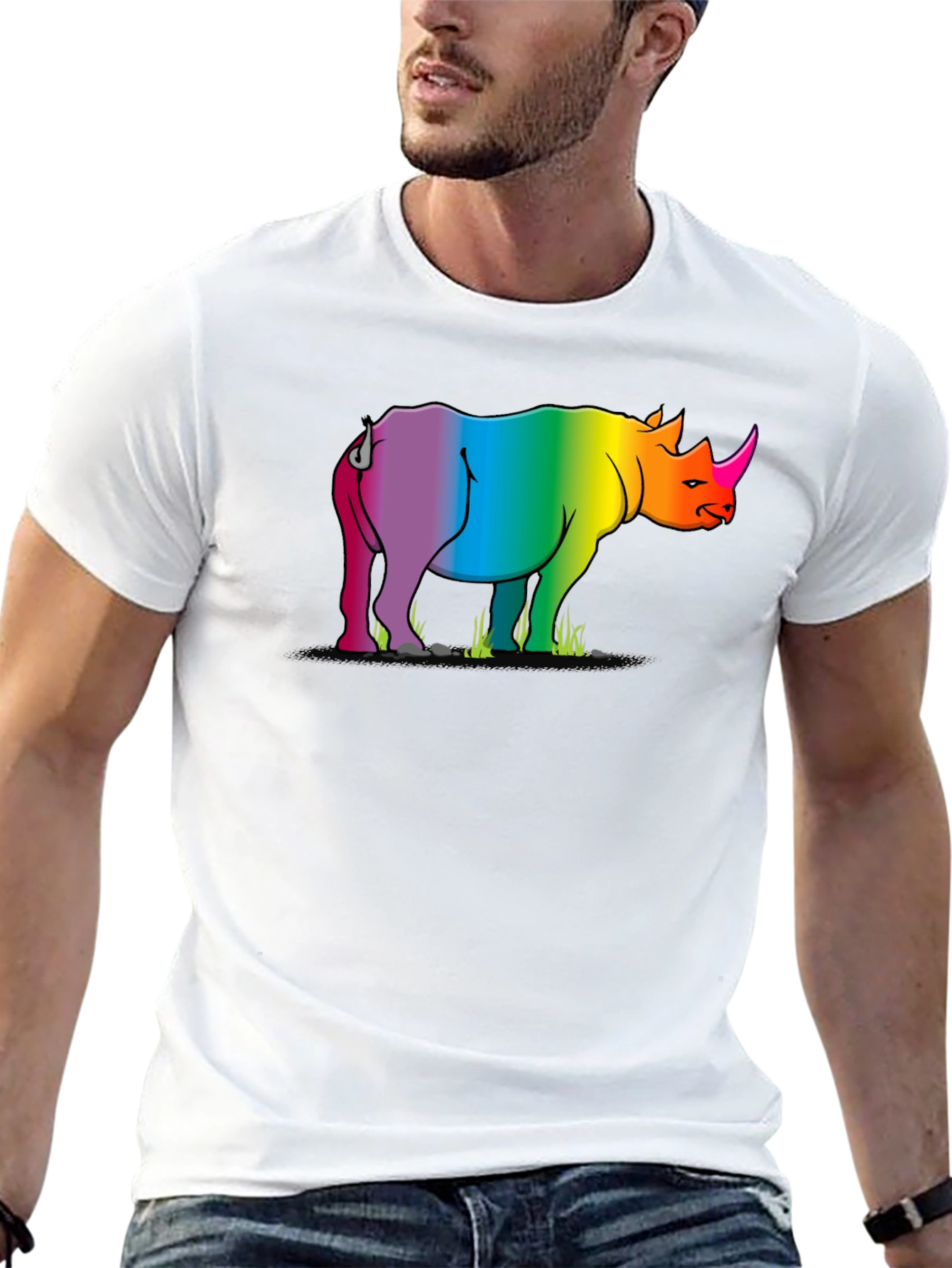 Rainbow Rhino Graphic Tee - Black Cotton T-Shirt