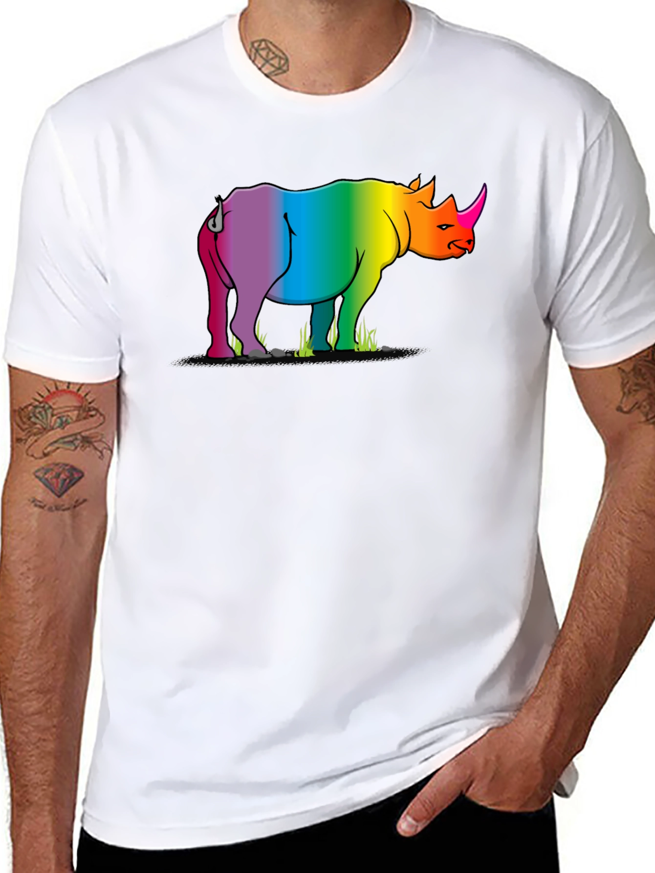 Rainbow Rhino Graphic Tee - Black Cotton T-Shirt