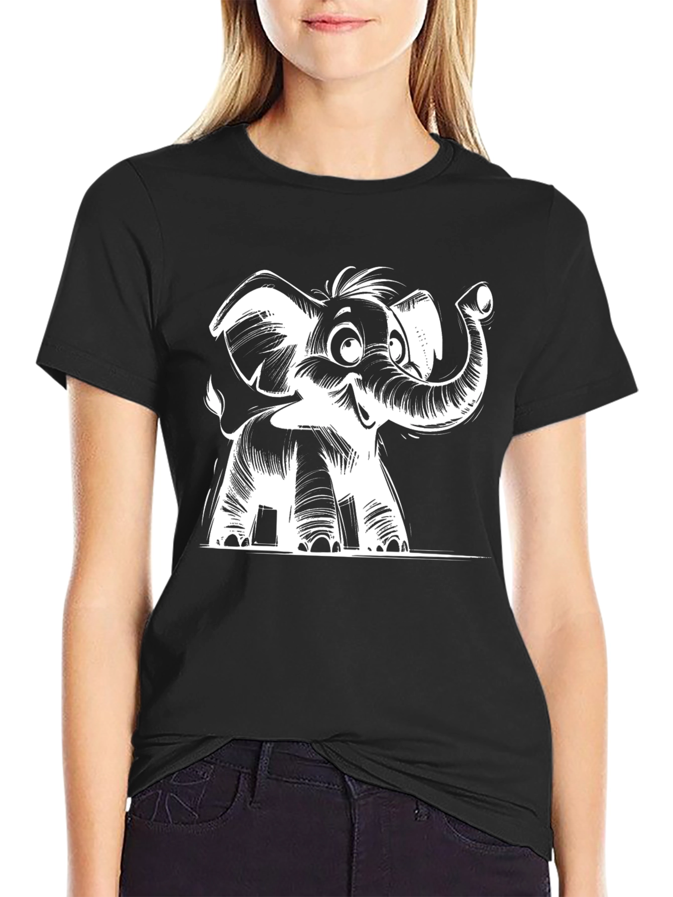 Cartoon Elephant Graphic Tee - Black