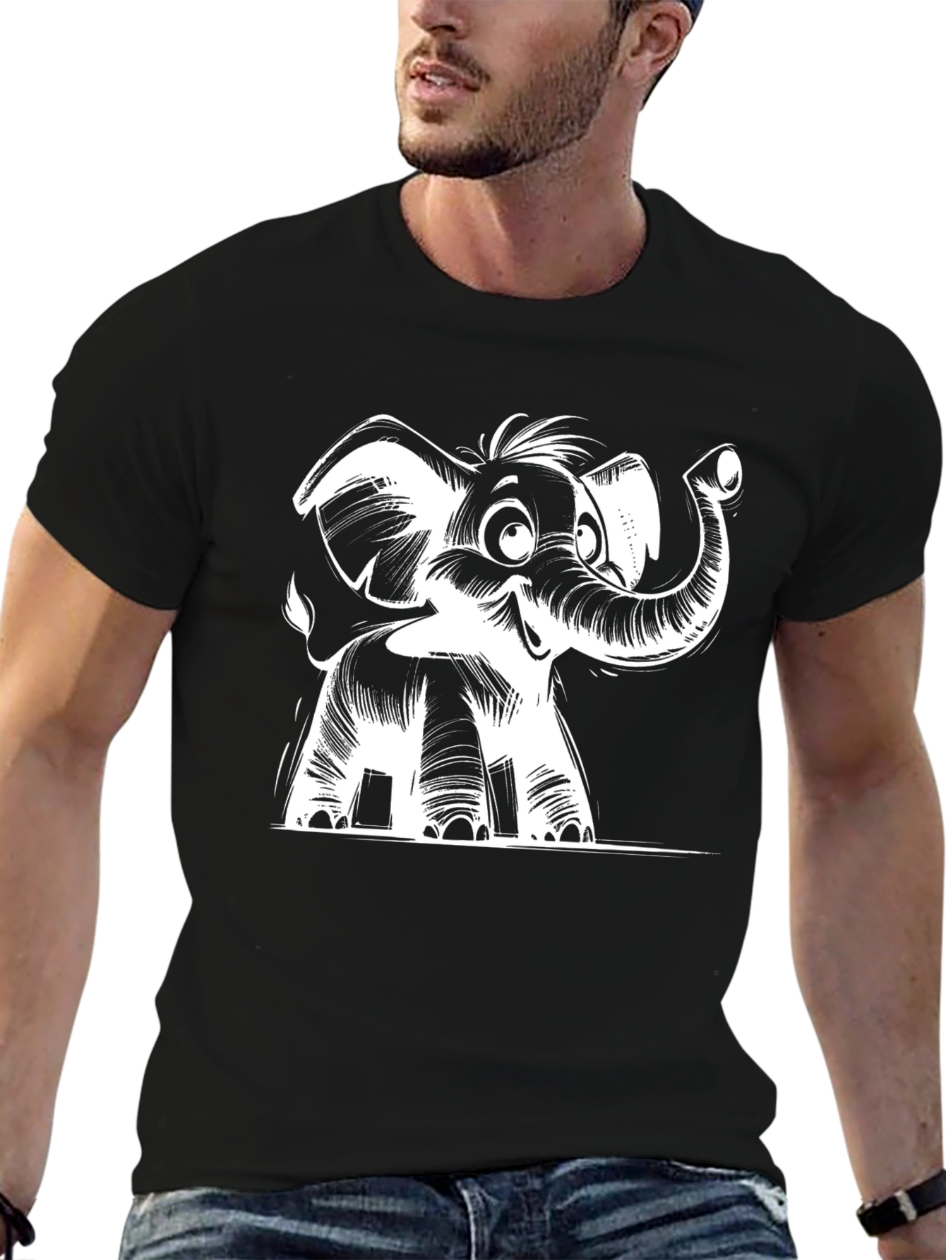 Cartoon Elephant Graphic Tee - Black