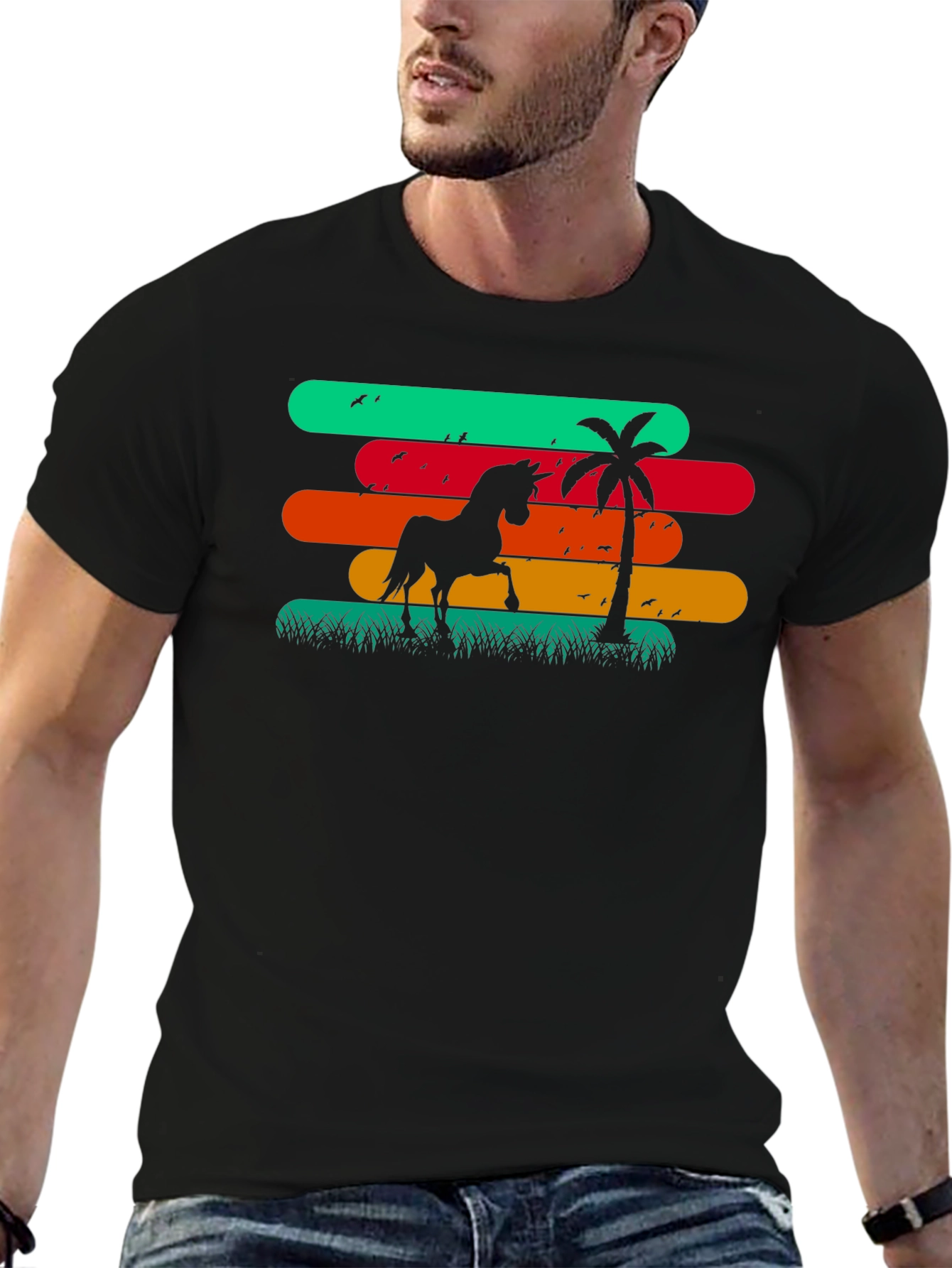 Retro Horse Palm Tree Graphic T-Shirt