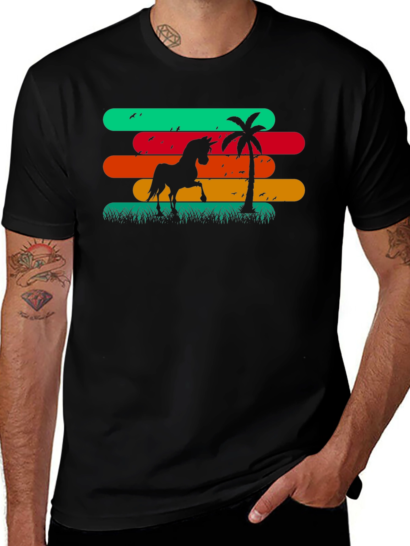 Retro Horse Palm Tree Graphic T-Shirt