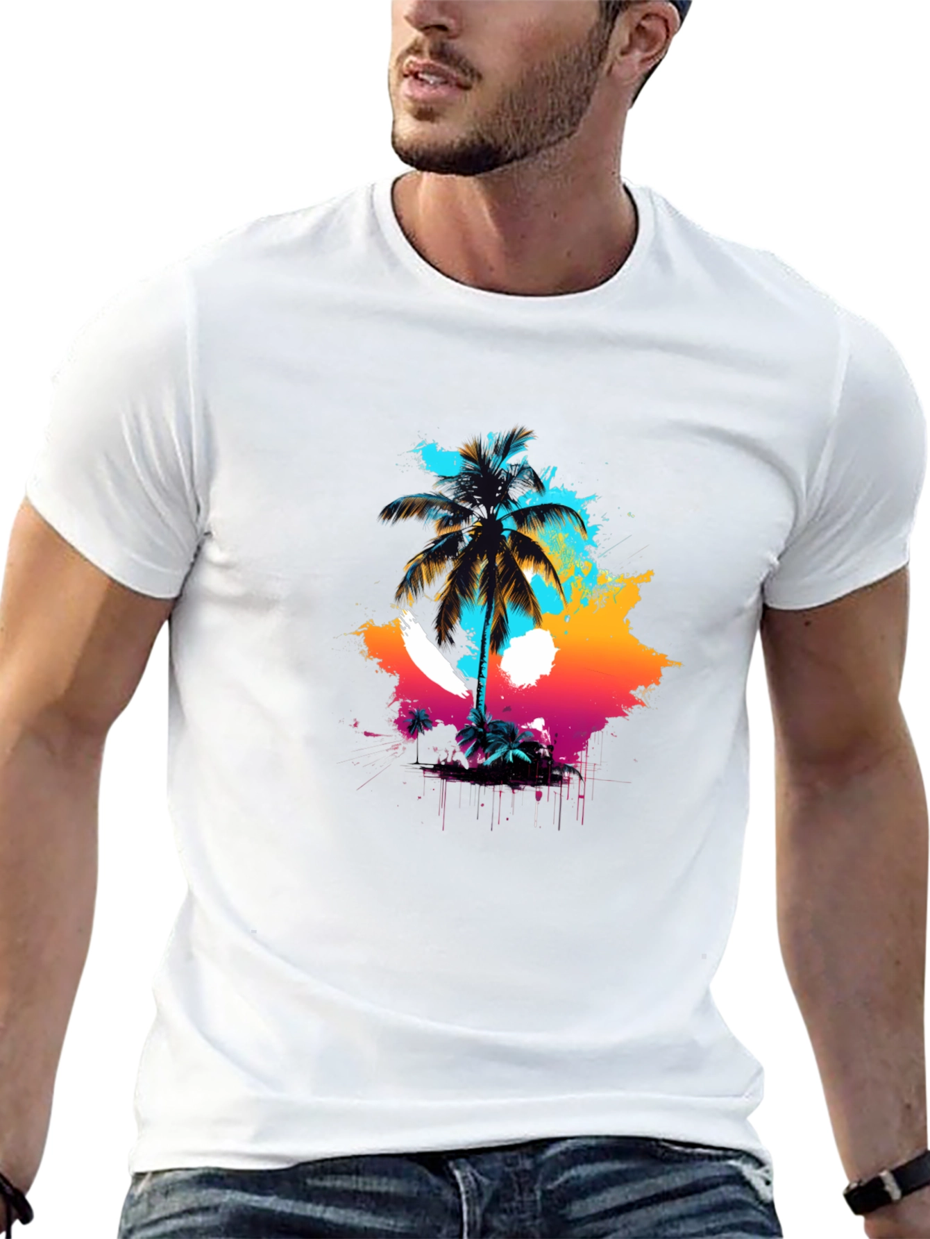 Vibrant Palm Tree Graphic Black T-Shirt