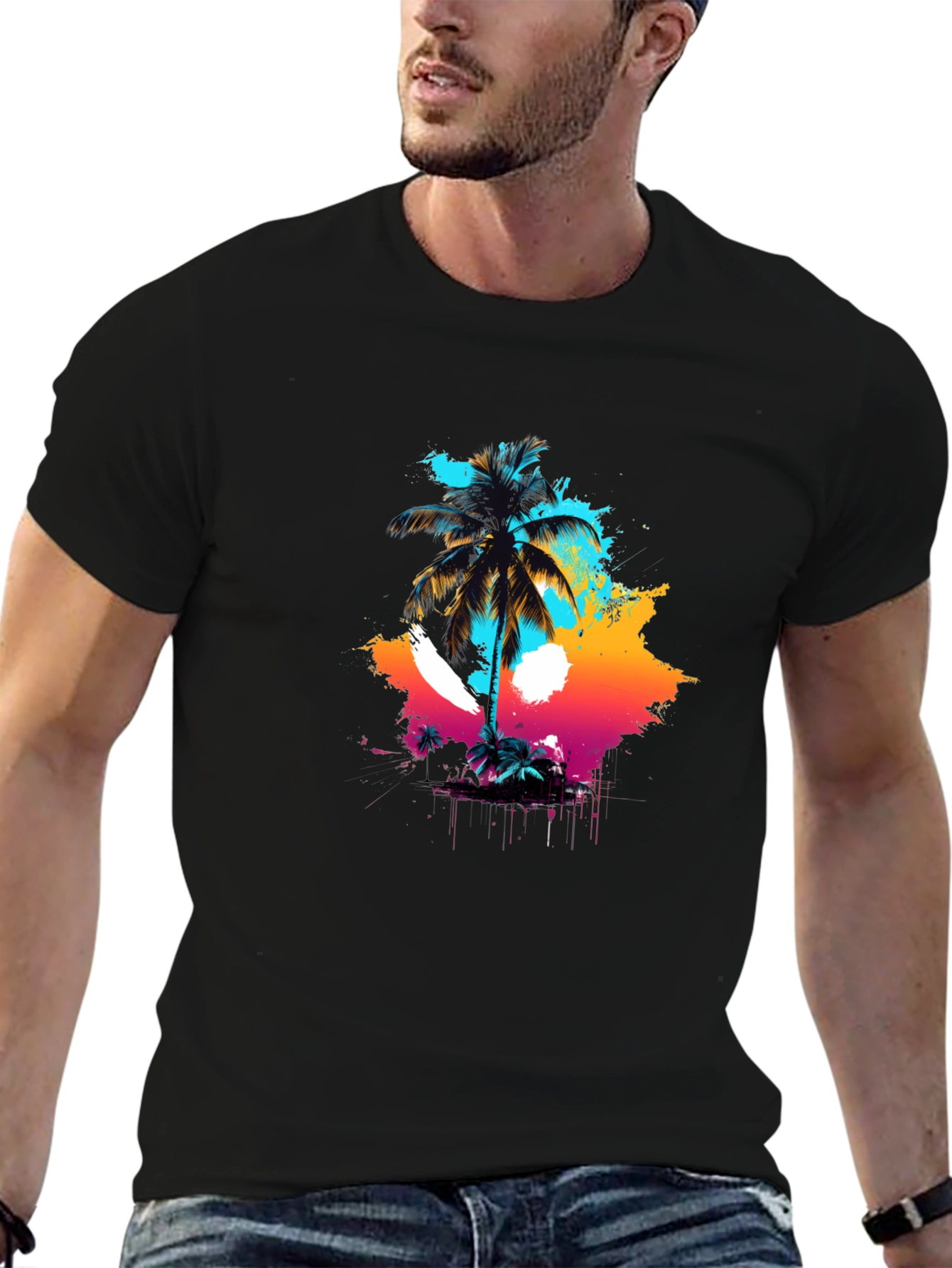 Vibrant Palm Tree Graphic Black T-Shirt
