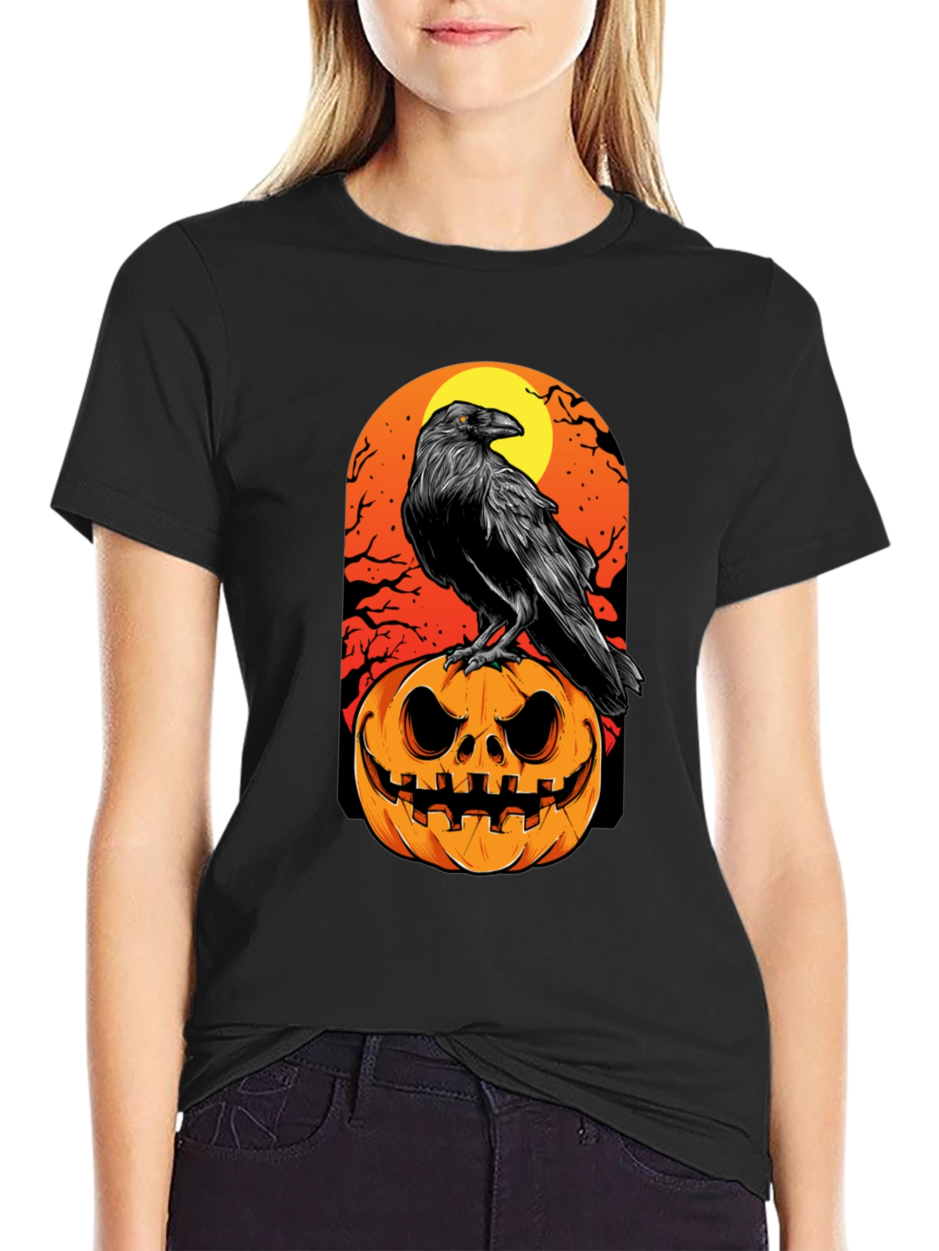 Raven on Pumpkin Halloween T-Shirt