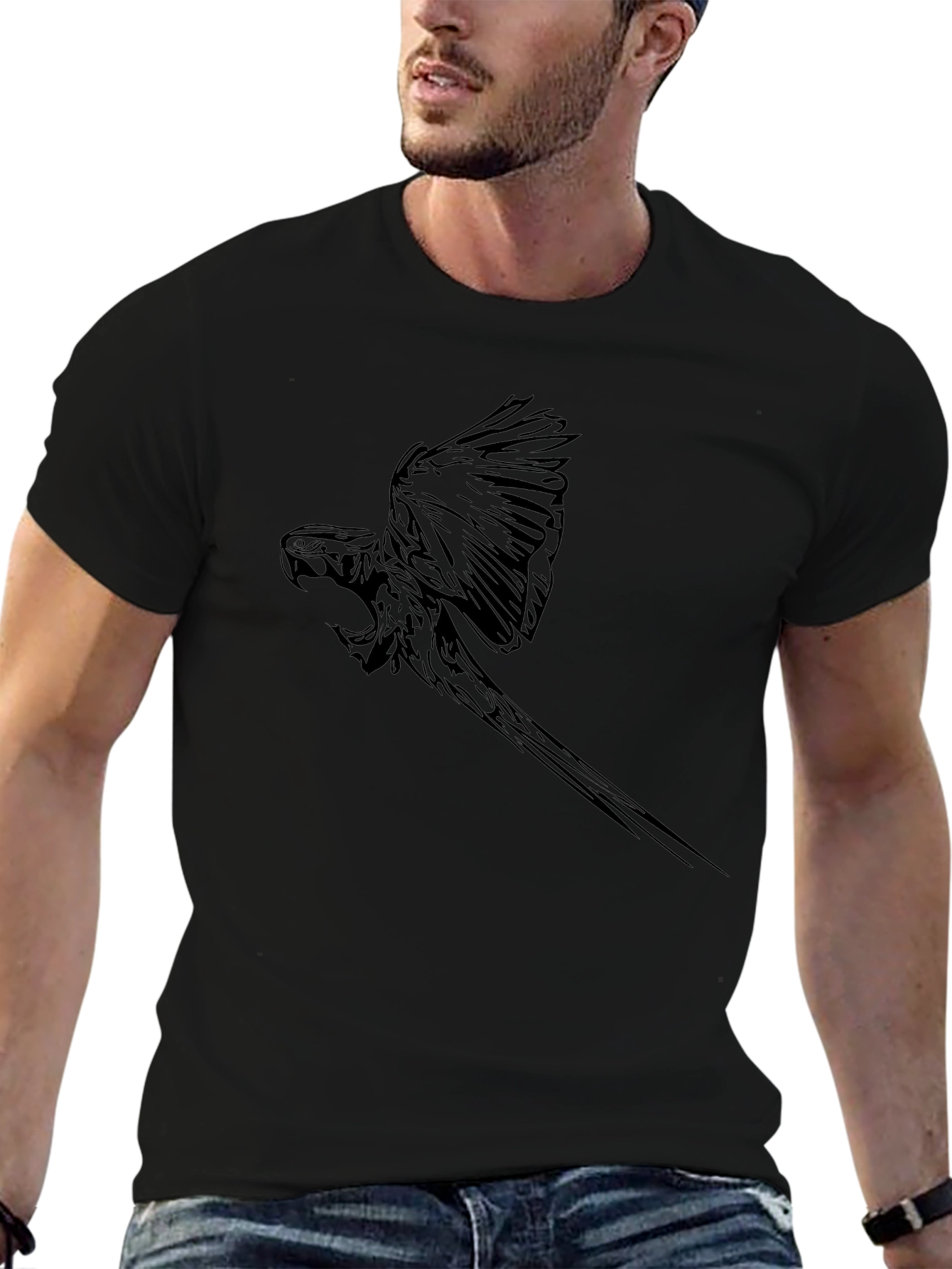 Black Parrot Graphic Tee - Mens Casual T-Shirt
