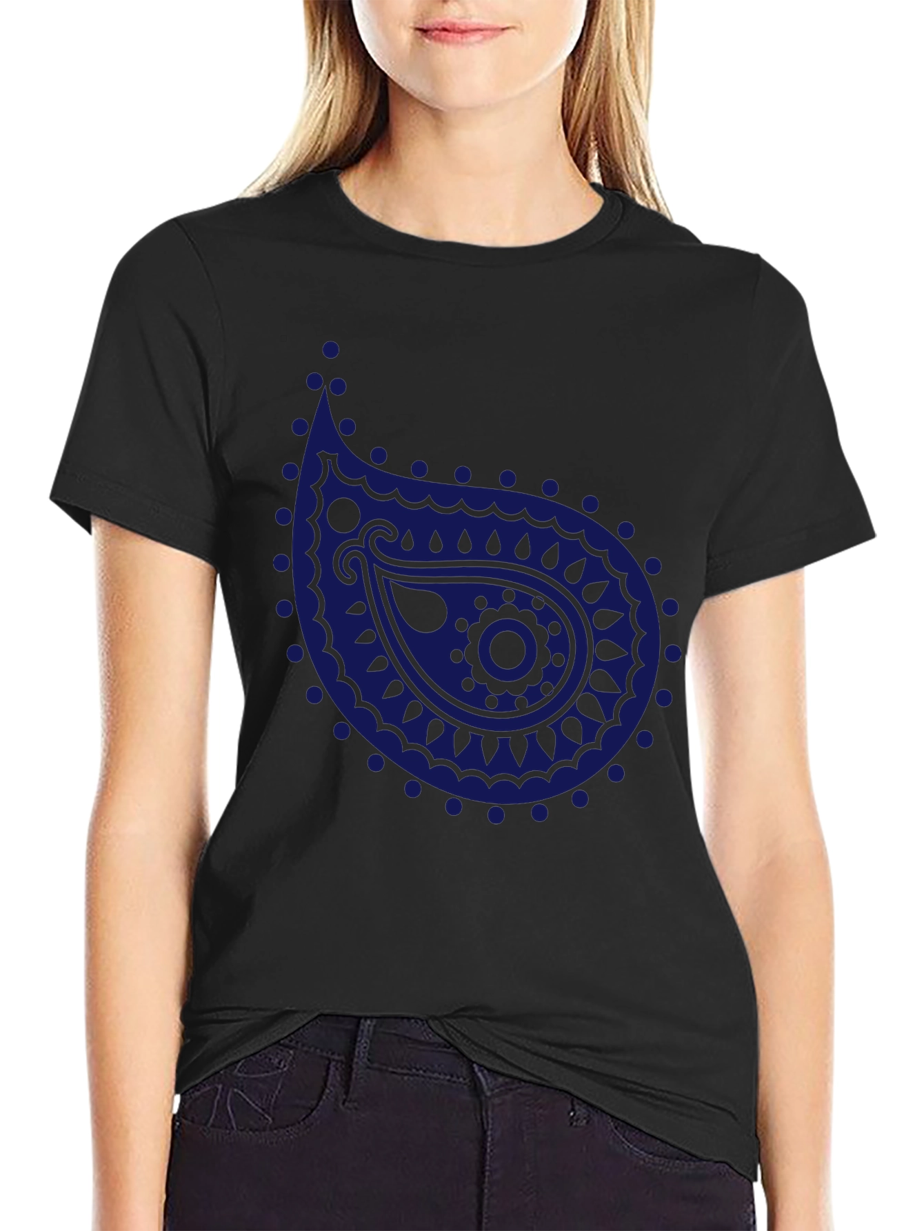 Mens Black T-Shirt with Blue Paisley Design