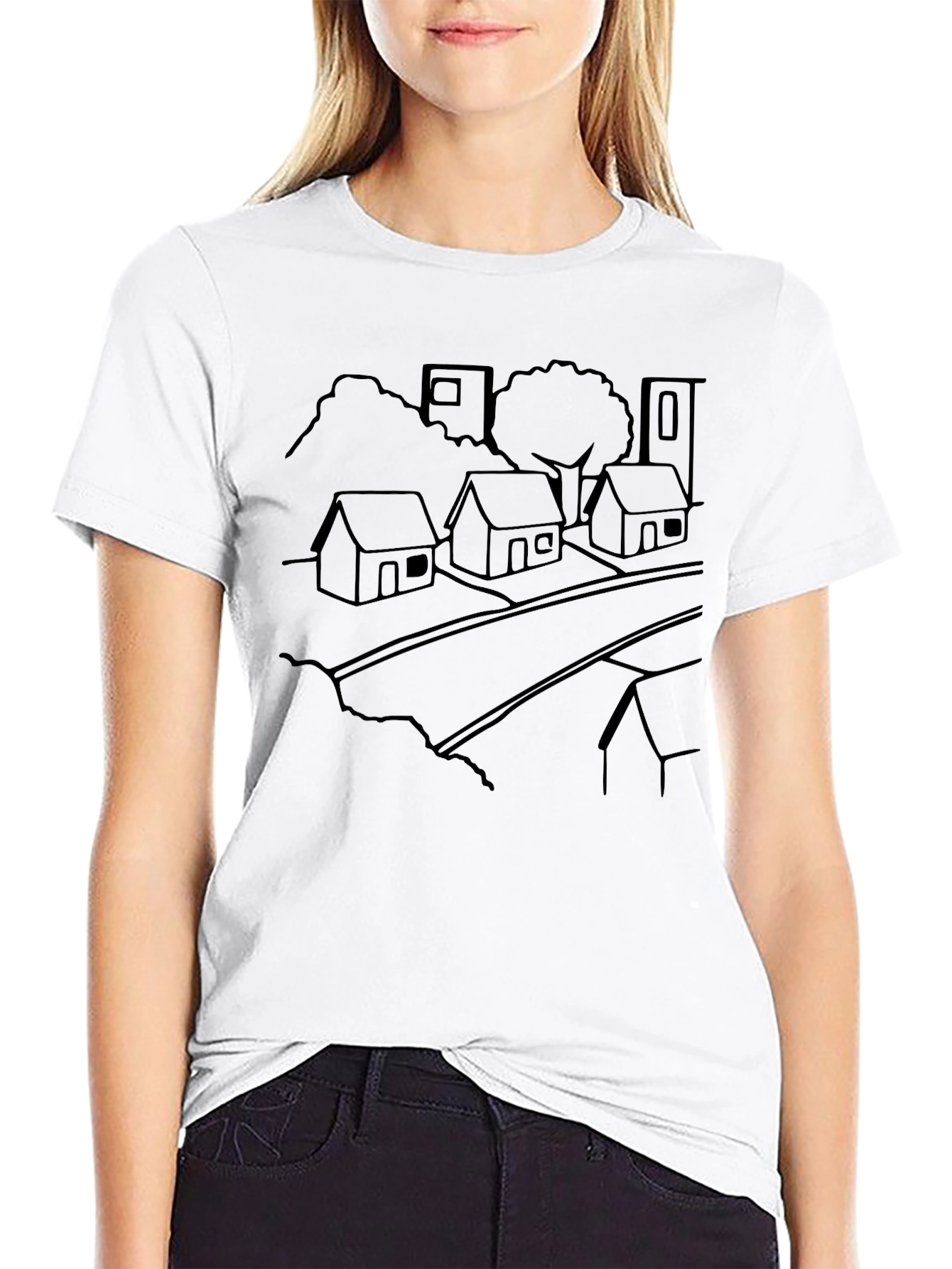 Black T-Shirt with Village Outline Design