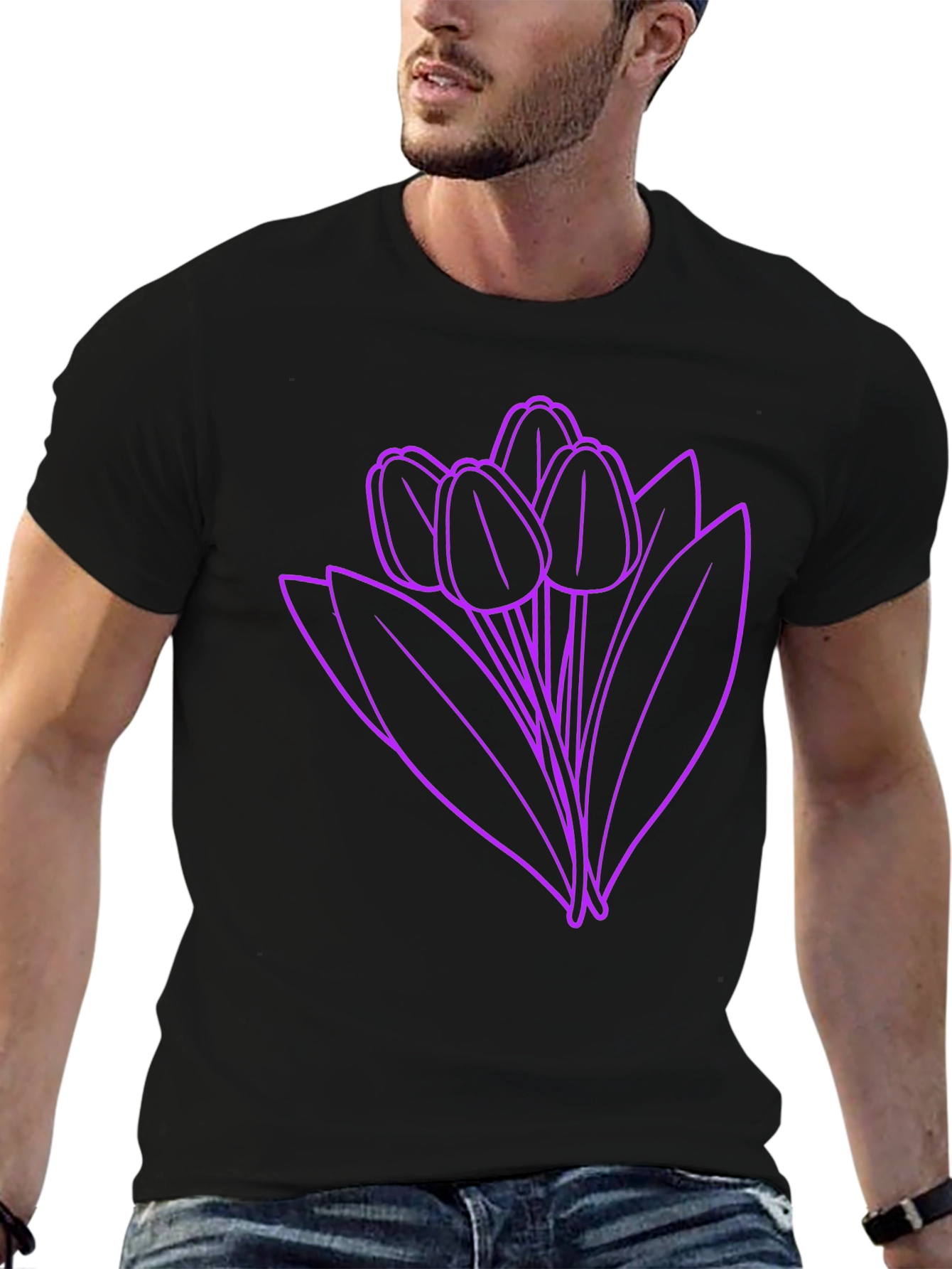 Floral Graphic Tee - Purple Tulips on Black