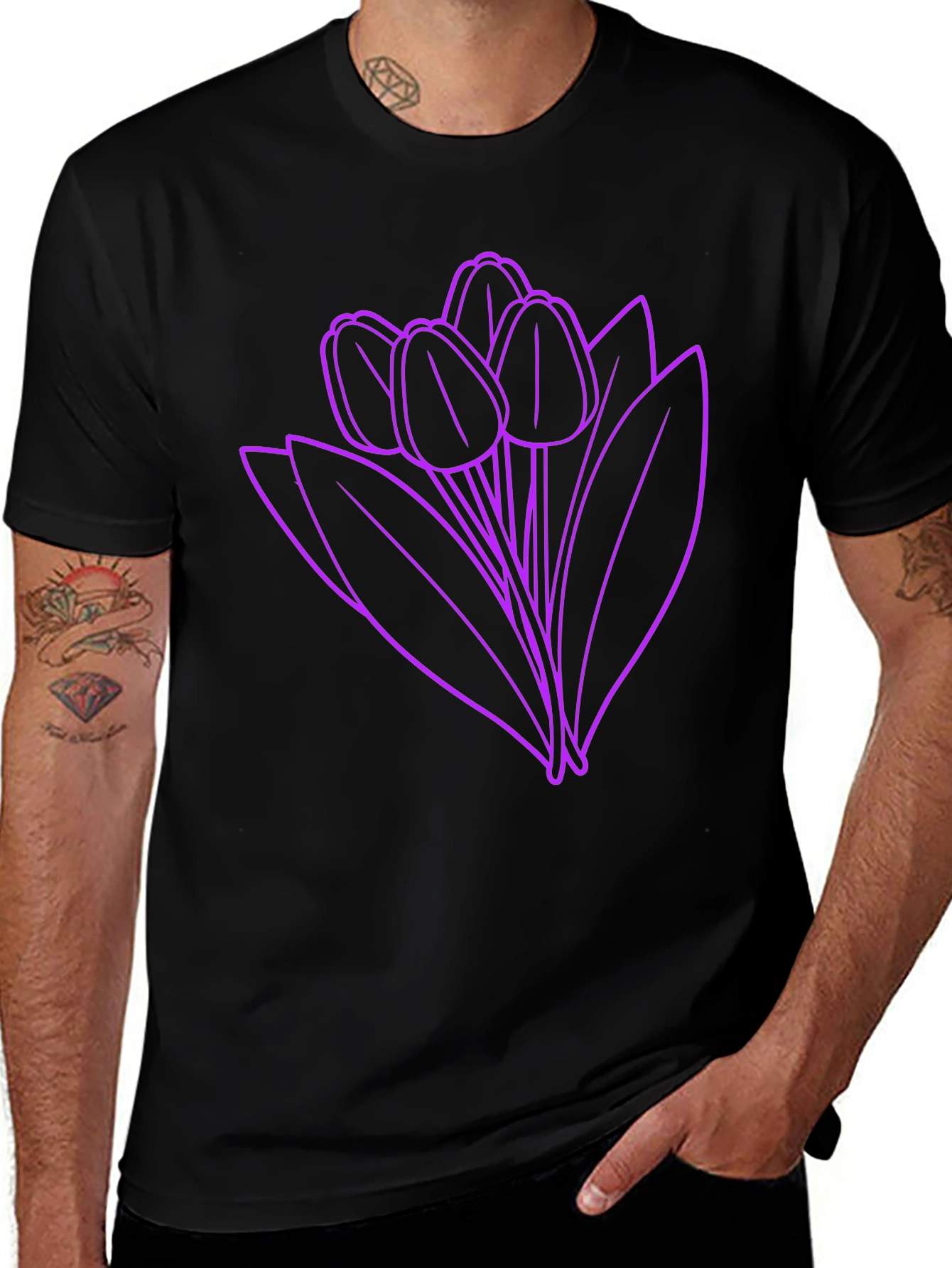 Floral Graphic Tee - Purple Tulips on Black