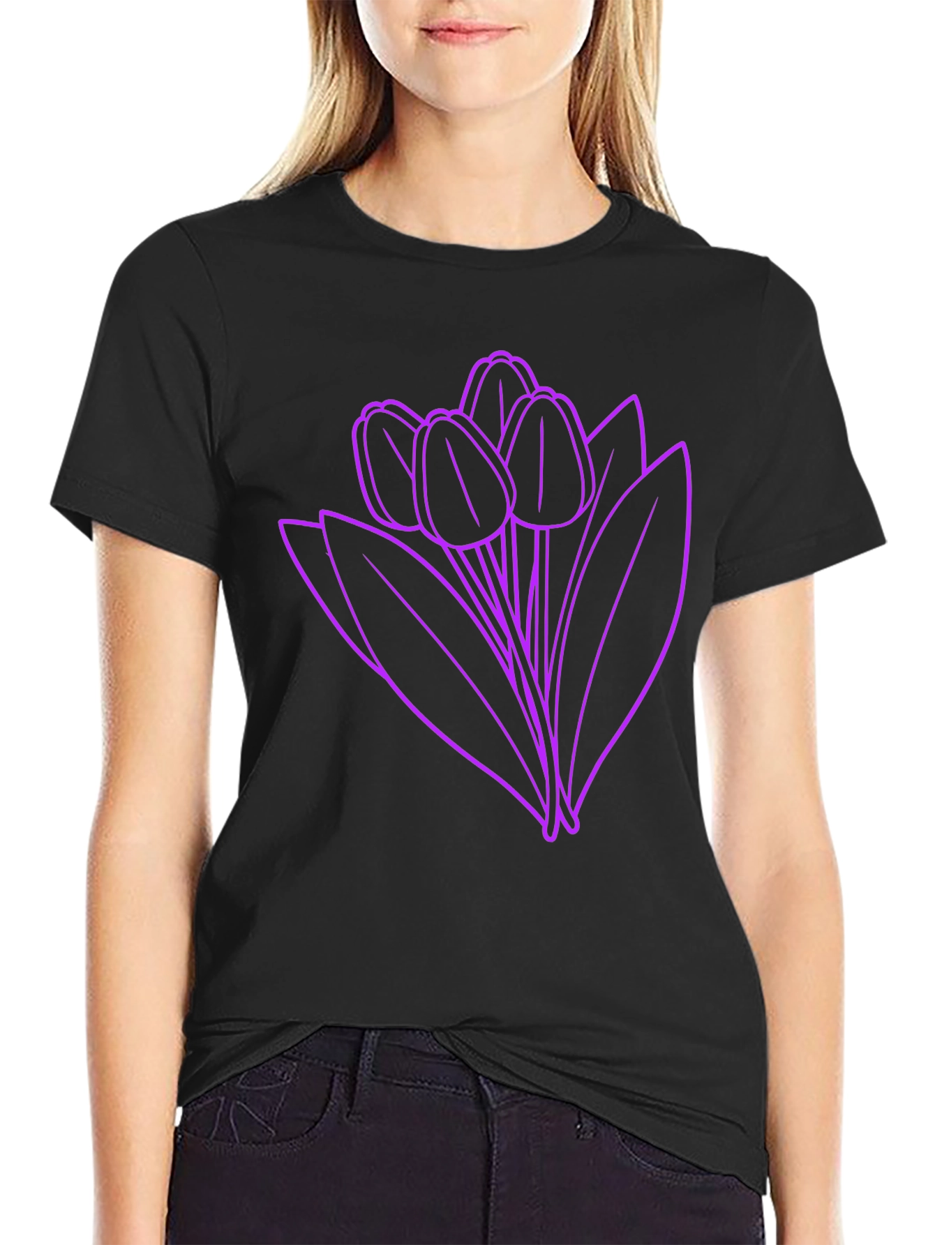 Floral Graphic Tee - Purple Tulips on Black