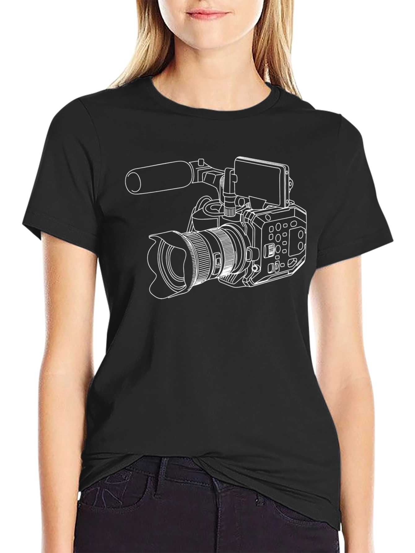 Camera Outline T-Shirt - Black Crew Neck Graphic Tee