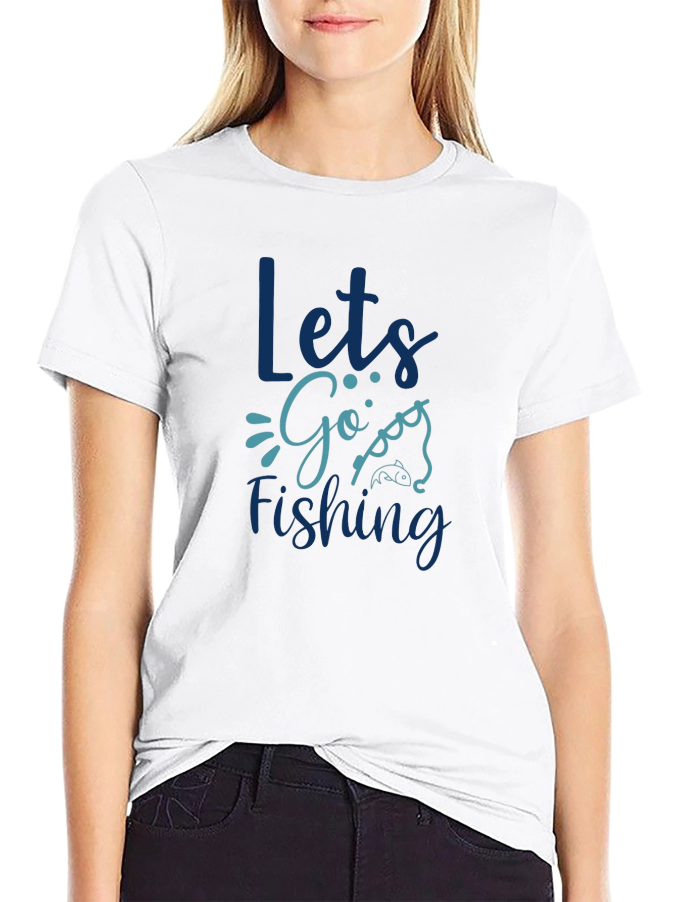 Lets Go Fishing Graphic Print Black T-Shirt