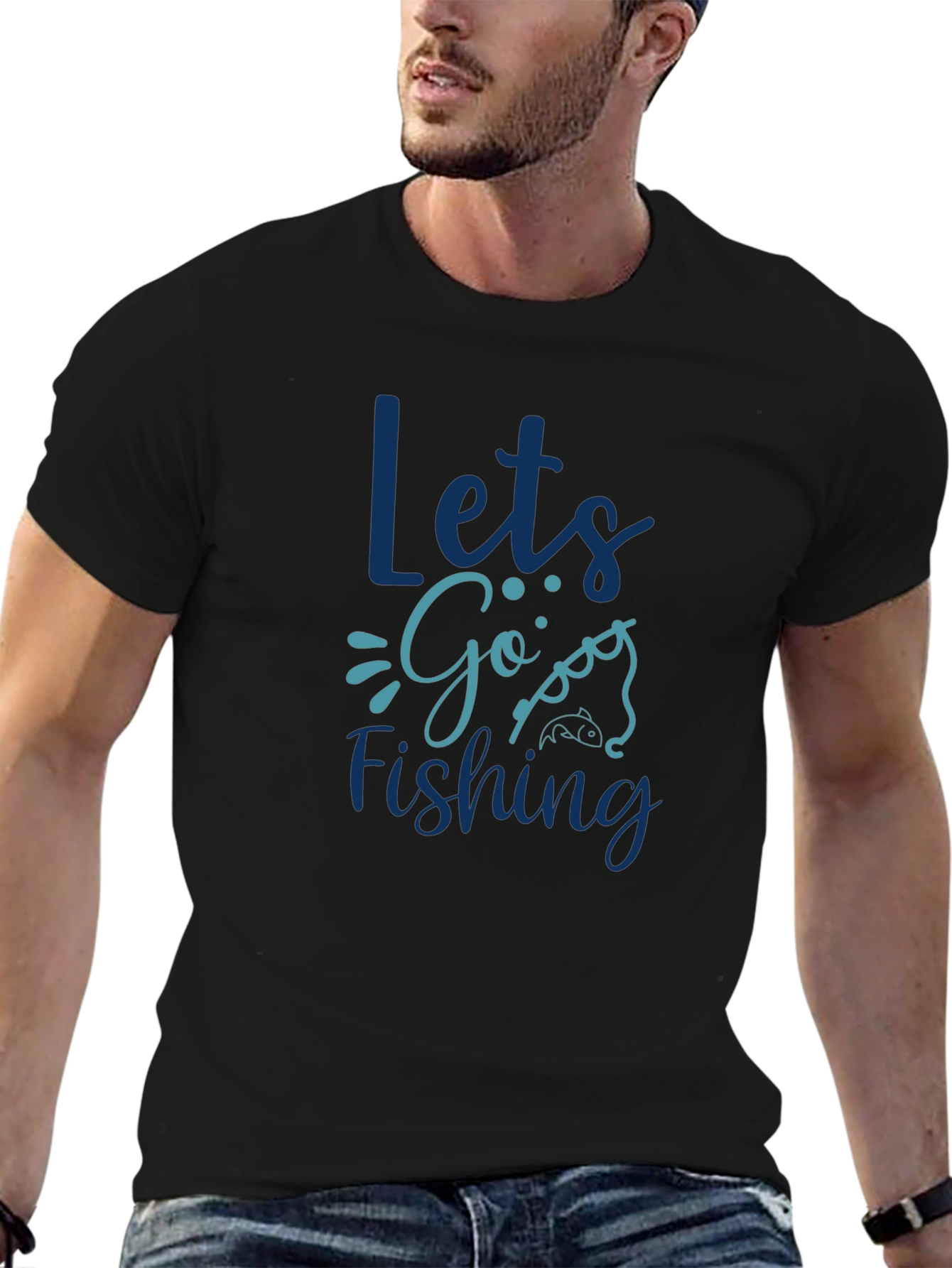 Lets Go Fishing Graphic Print Black T-Shirt