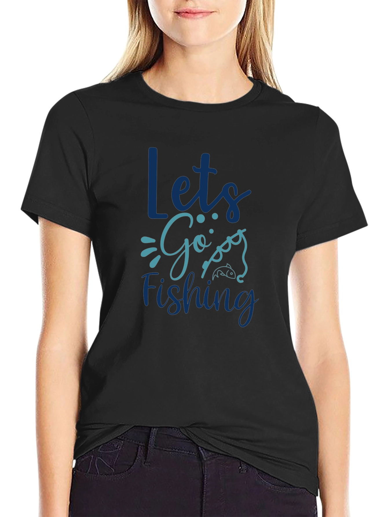 Lets Go Fishing Graphic Print Black T-Shirt