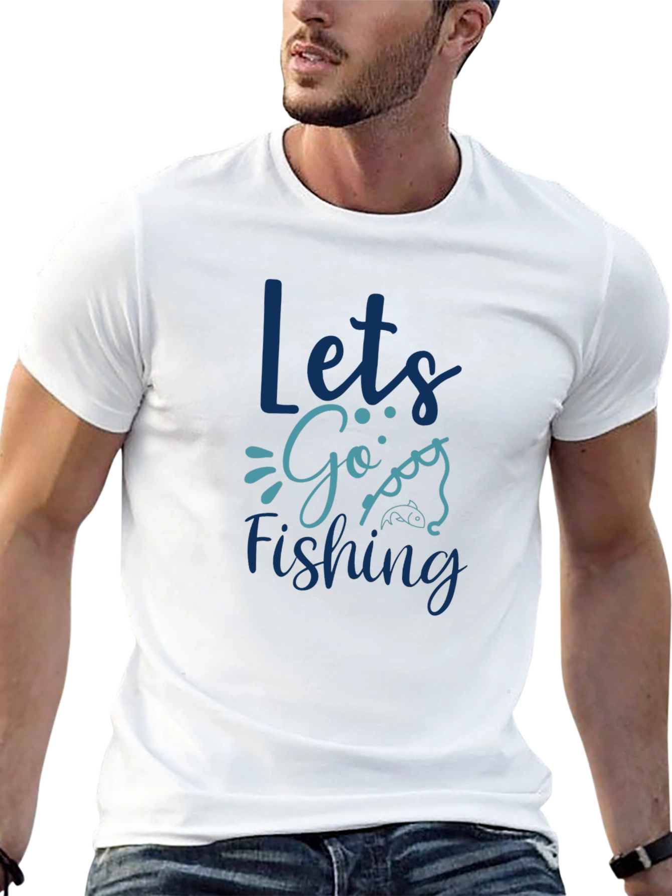 Lets Go Fishing Graphic Print Black T-Shirt