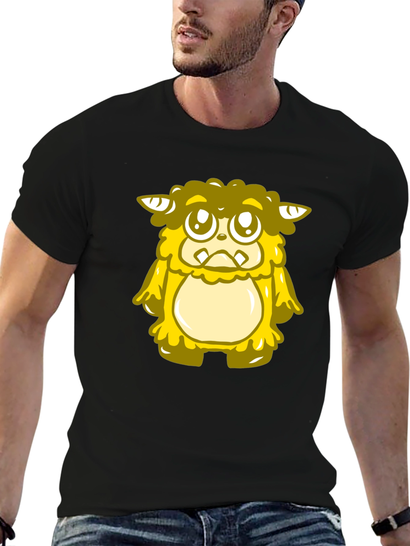 Cute Yellow Monster Graphic T-Shirt - Black