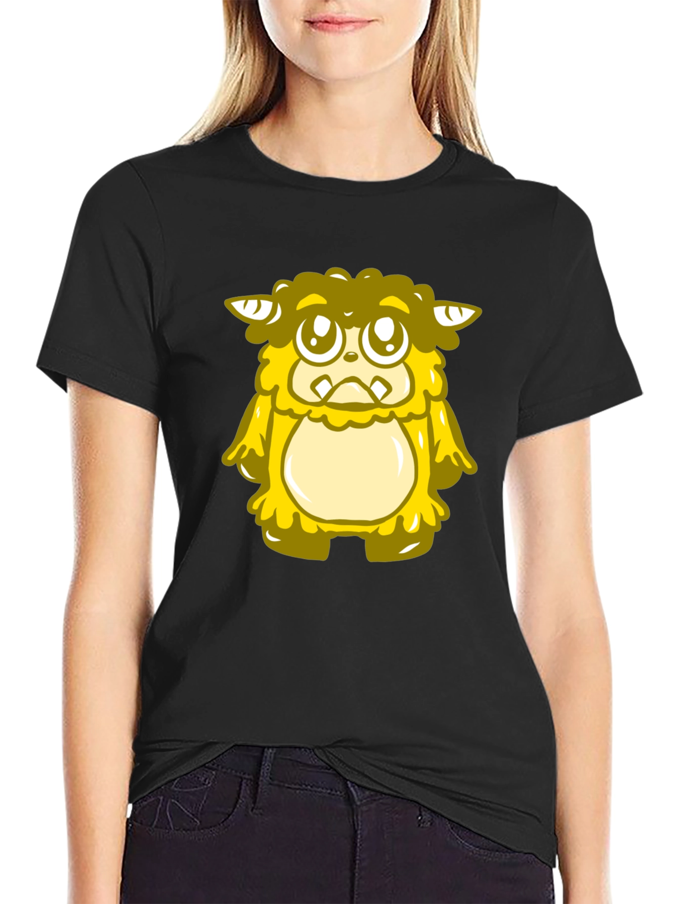 Cute Yellow Monster Graphic T-Shirt - Black
