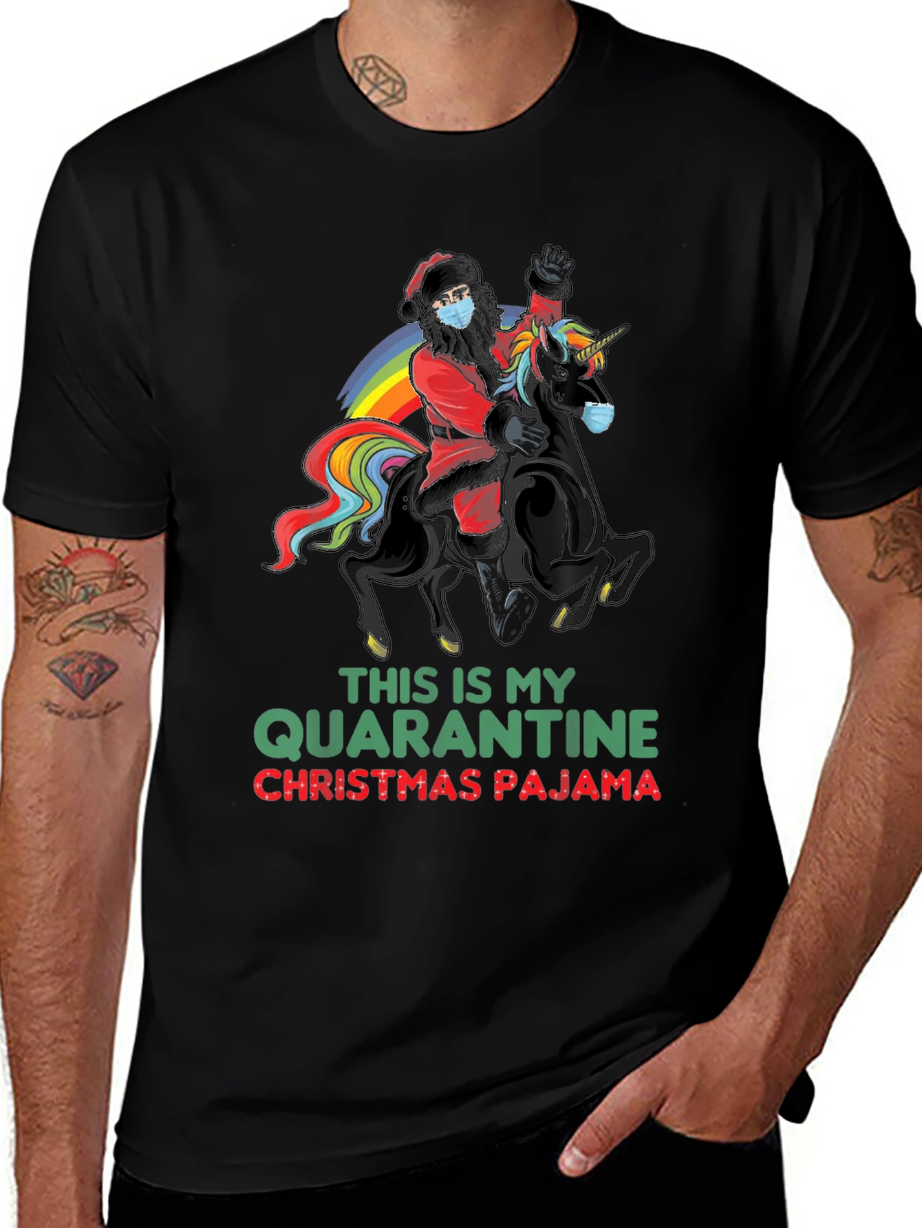 Quarantine Christmas Pajama Santa Unicorn T-Shirt