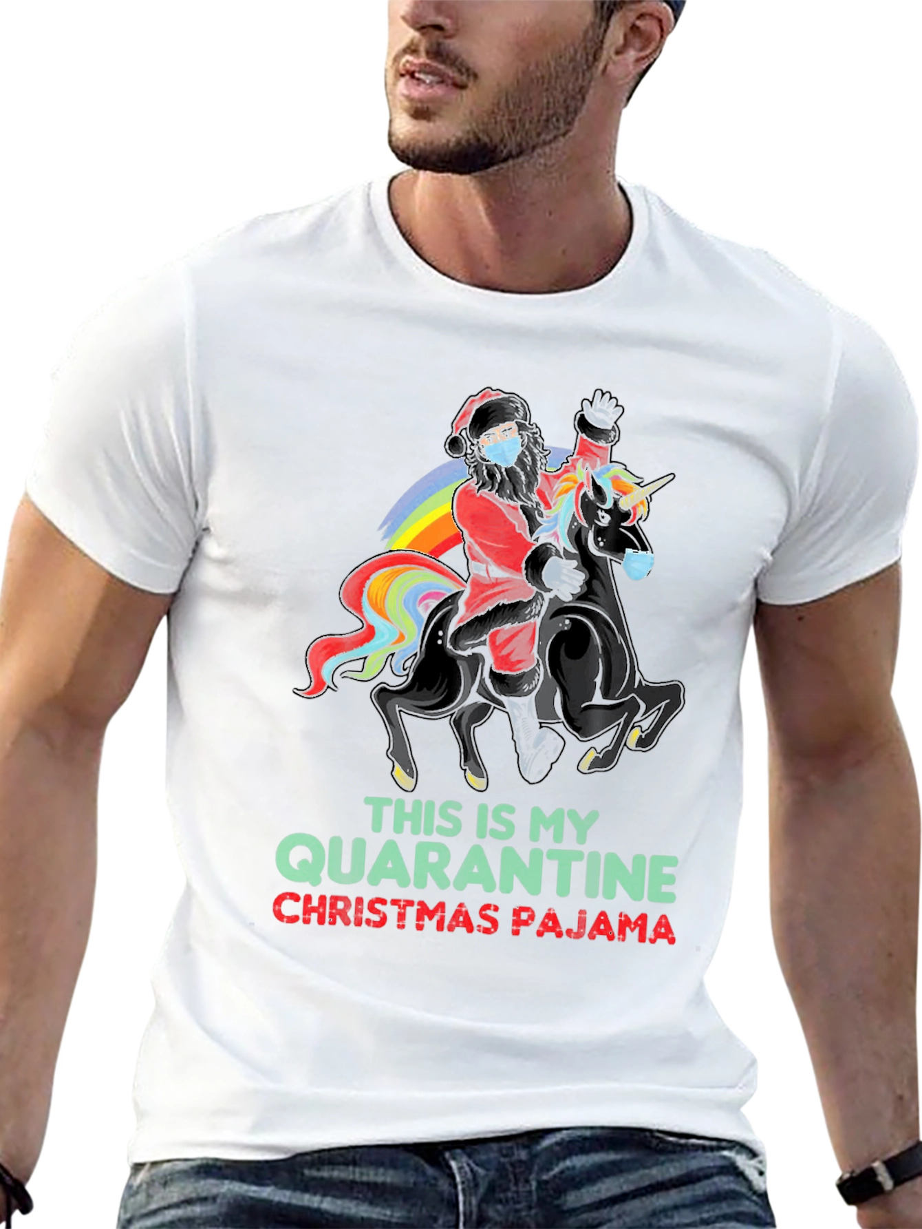 Quarantine Christmas Pajama Santa Unicorn T-Shirt
