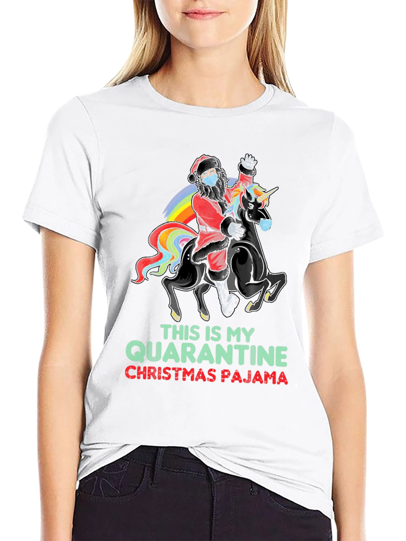Quarantine Christmas Pajama Santa Unicorn T-Shirt