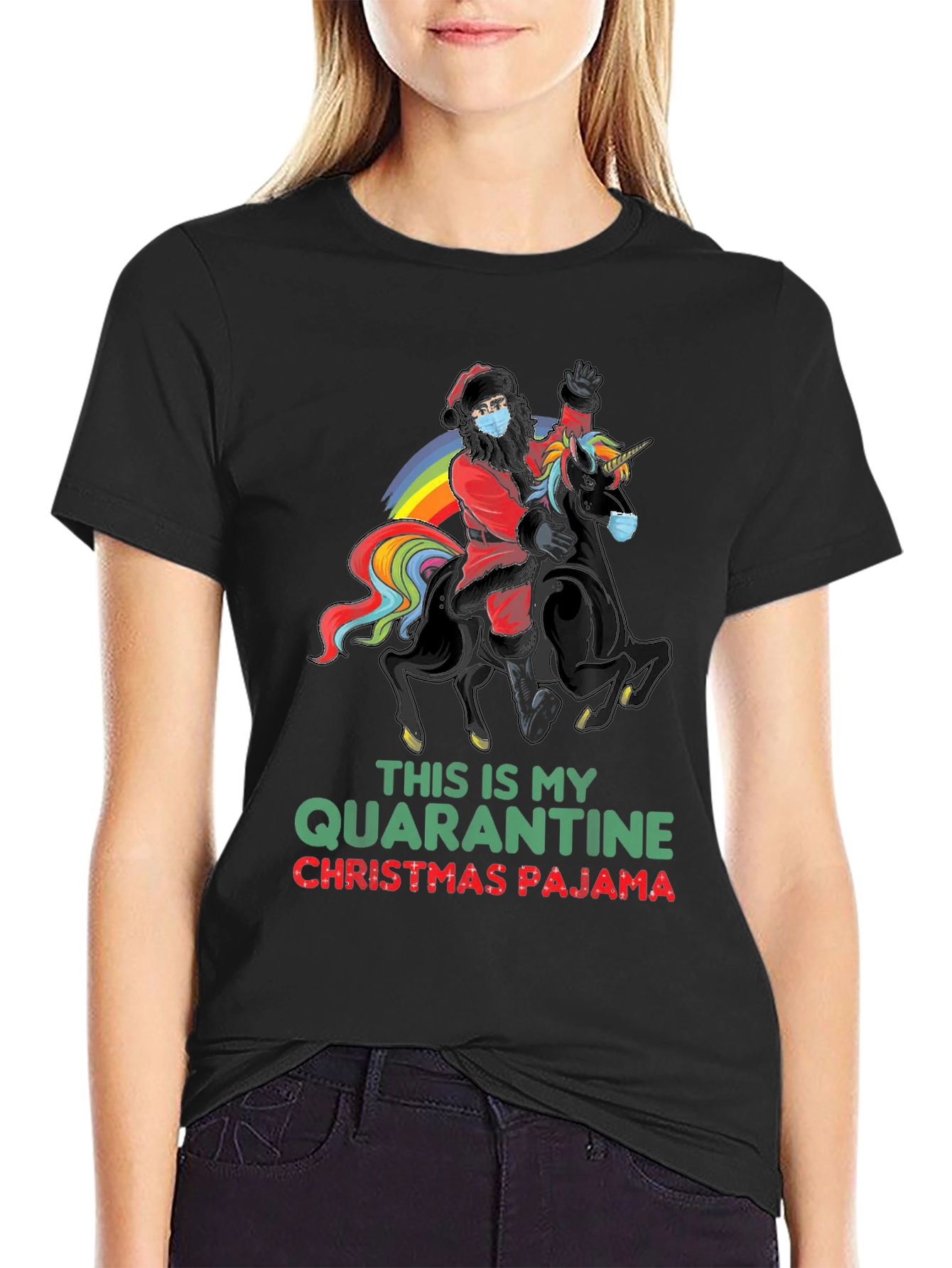 Quarantine Christmas Pajama Santa Unicorn T-Shirt