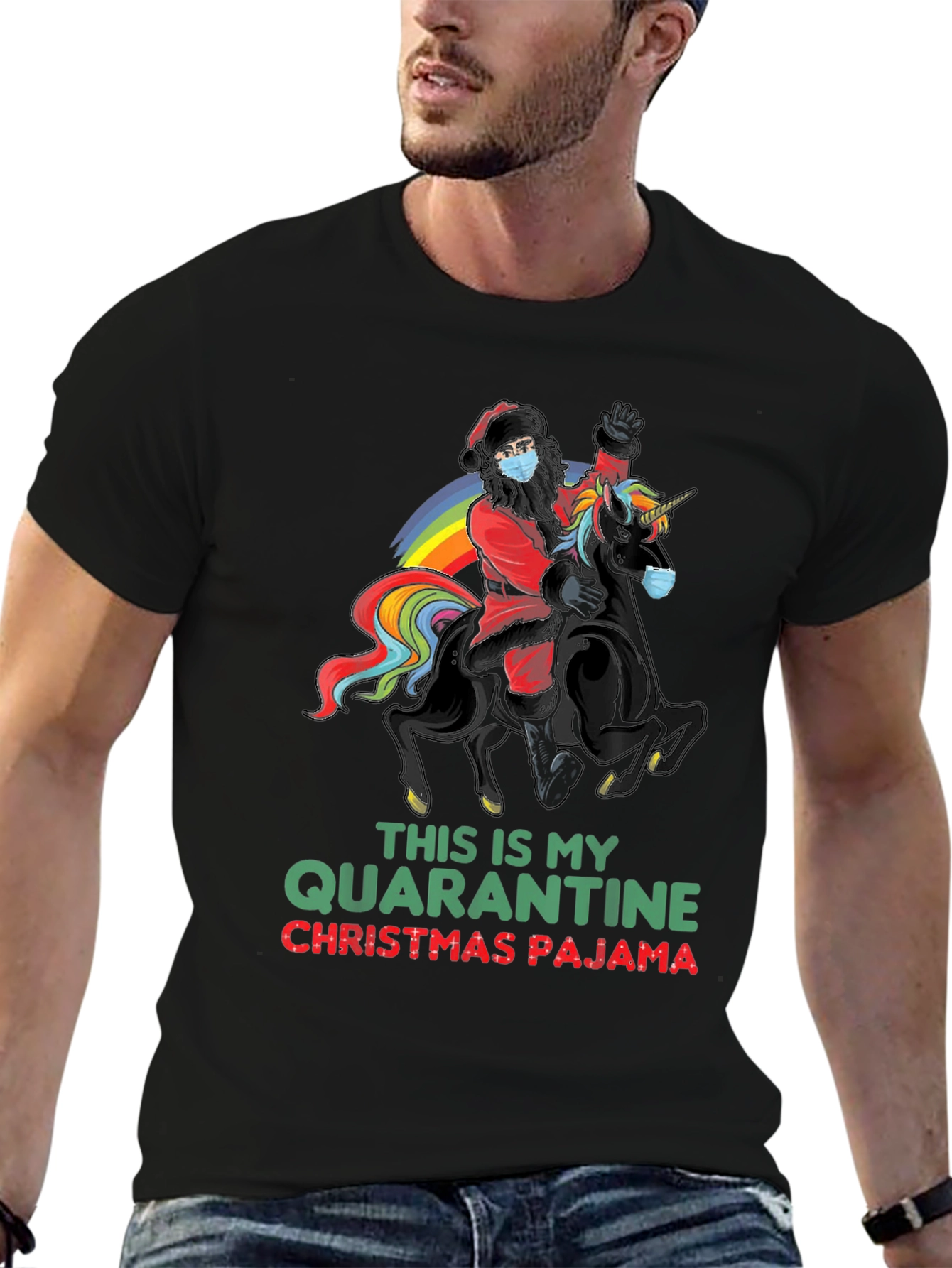 Quarantine Christmas Pajama Santa Unicorn T-Shirt