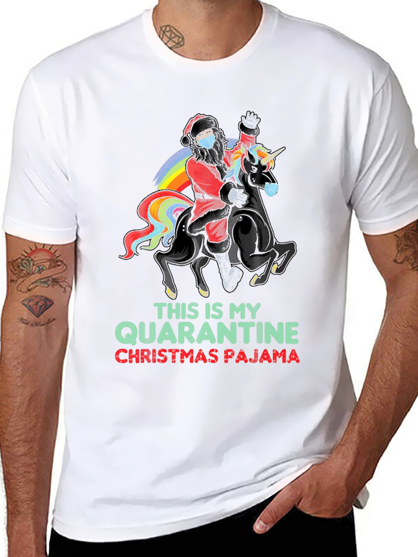 Quarantine Christmas Pajama Santa Unicorn T-Shirt