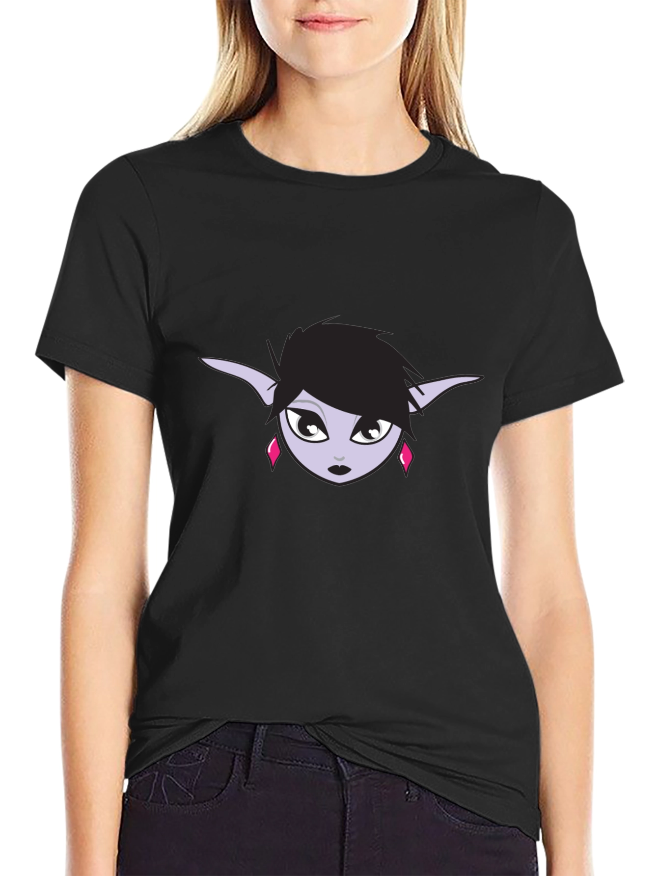 Black T-Shirt with Elf Girl Graphic Tee