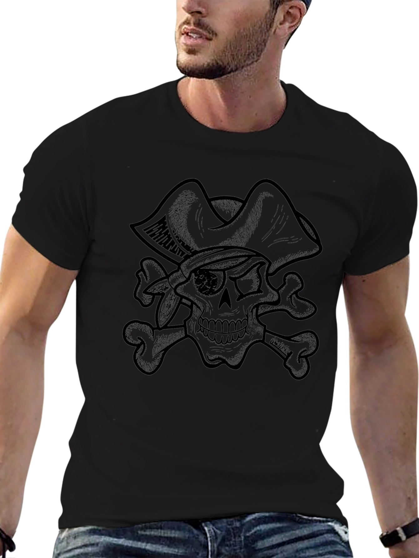 Pirate Skull Graphic Tee - Black Cotton T-Shirt