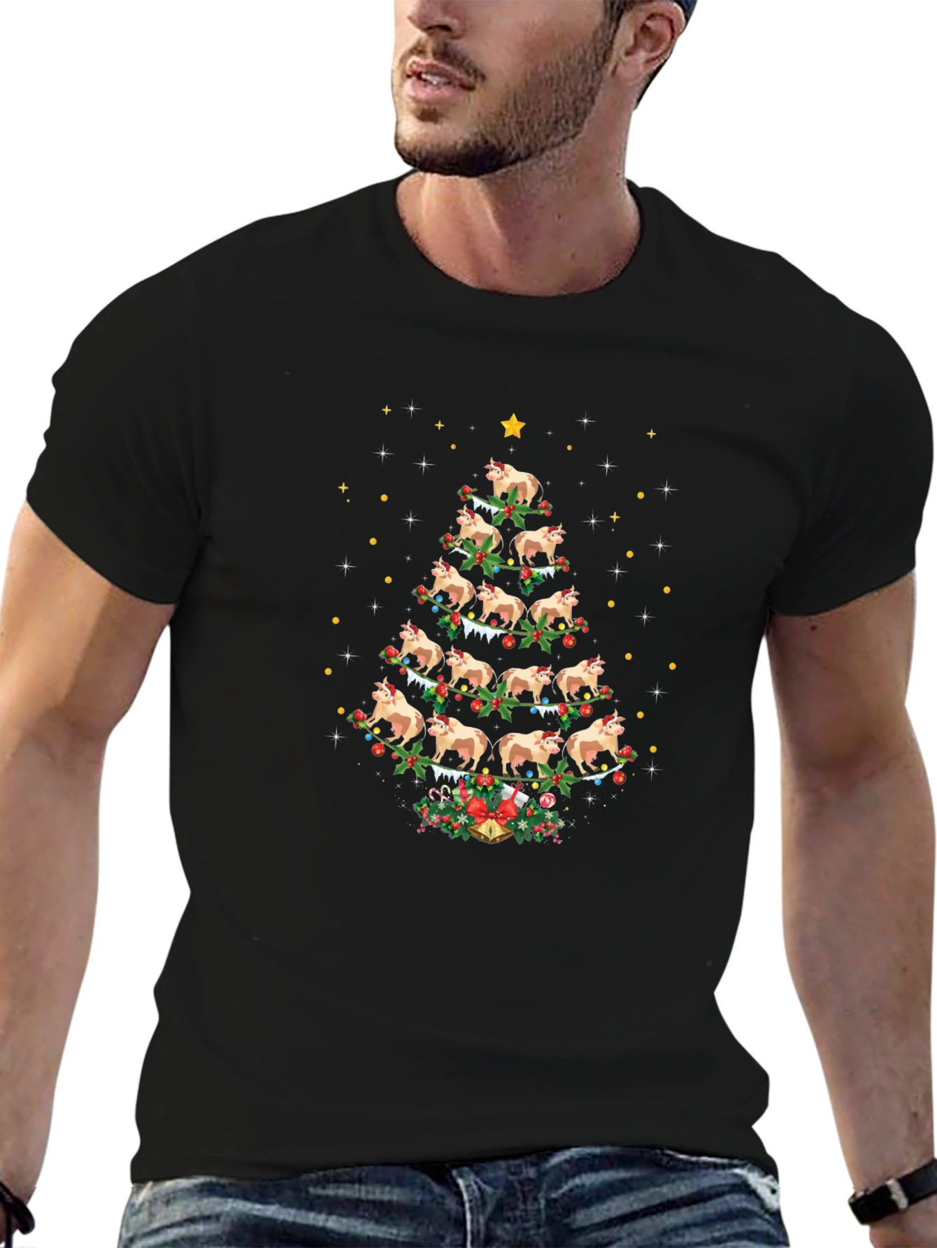 Cow Christmas Tree Black T-Shirt