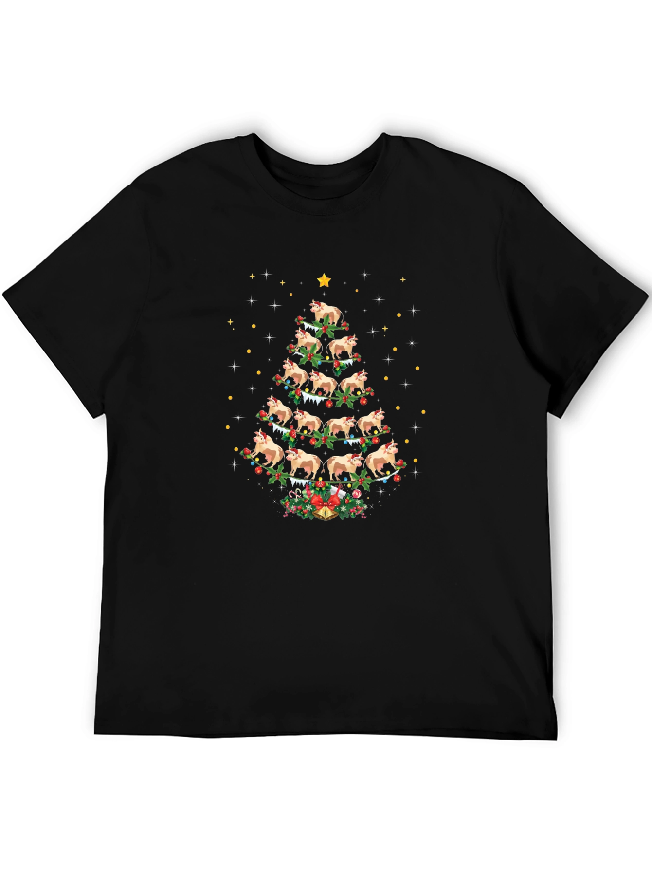 Cow Christmas Tree Black T-Shirt