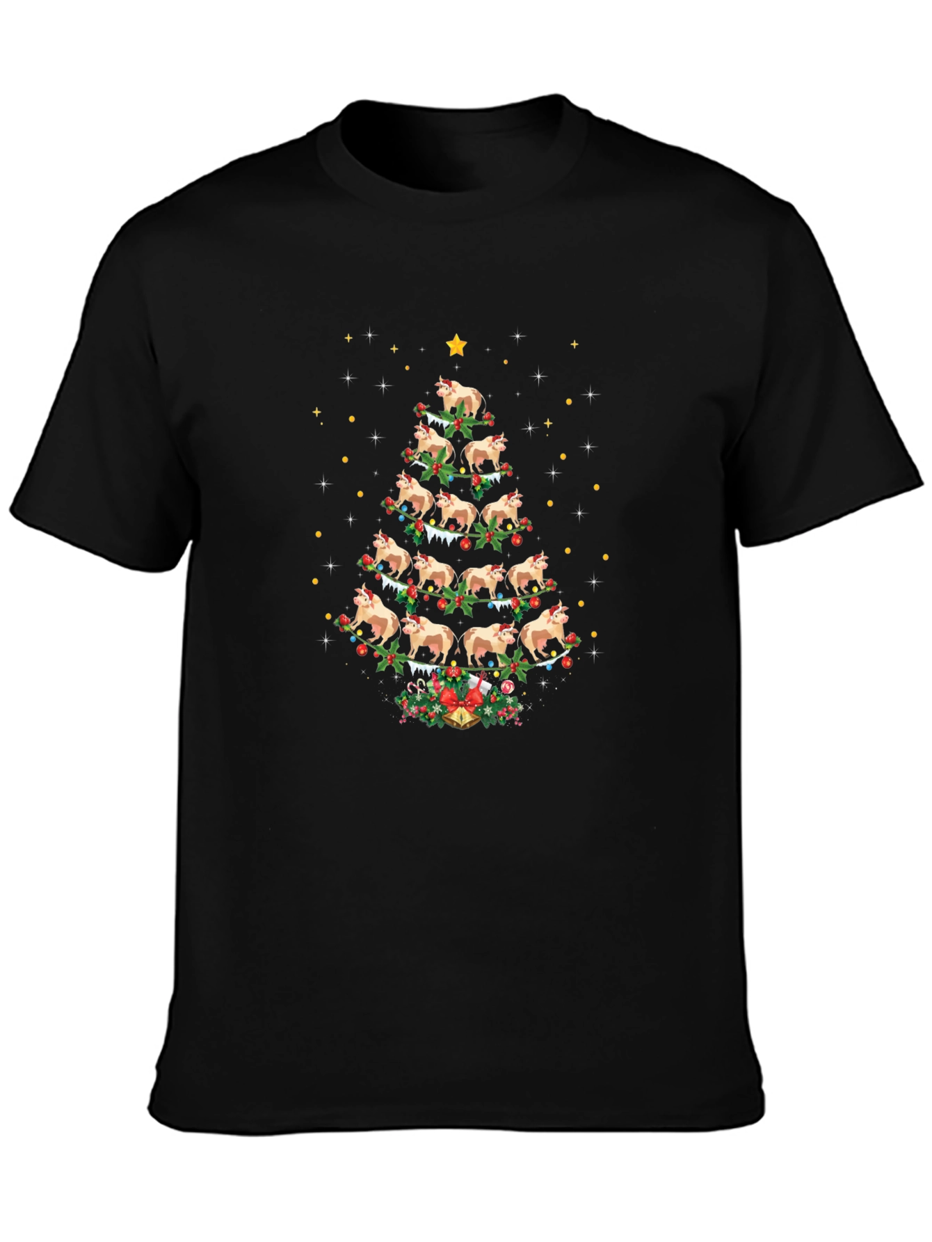 Cow Christmas Tree Black T-Shirt