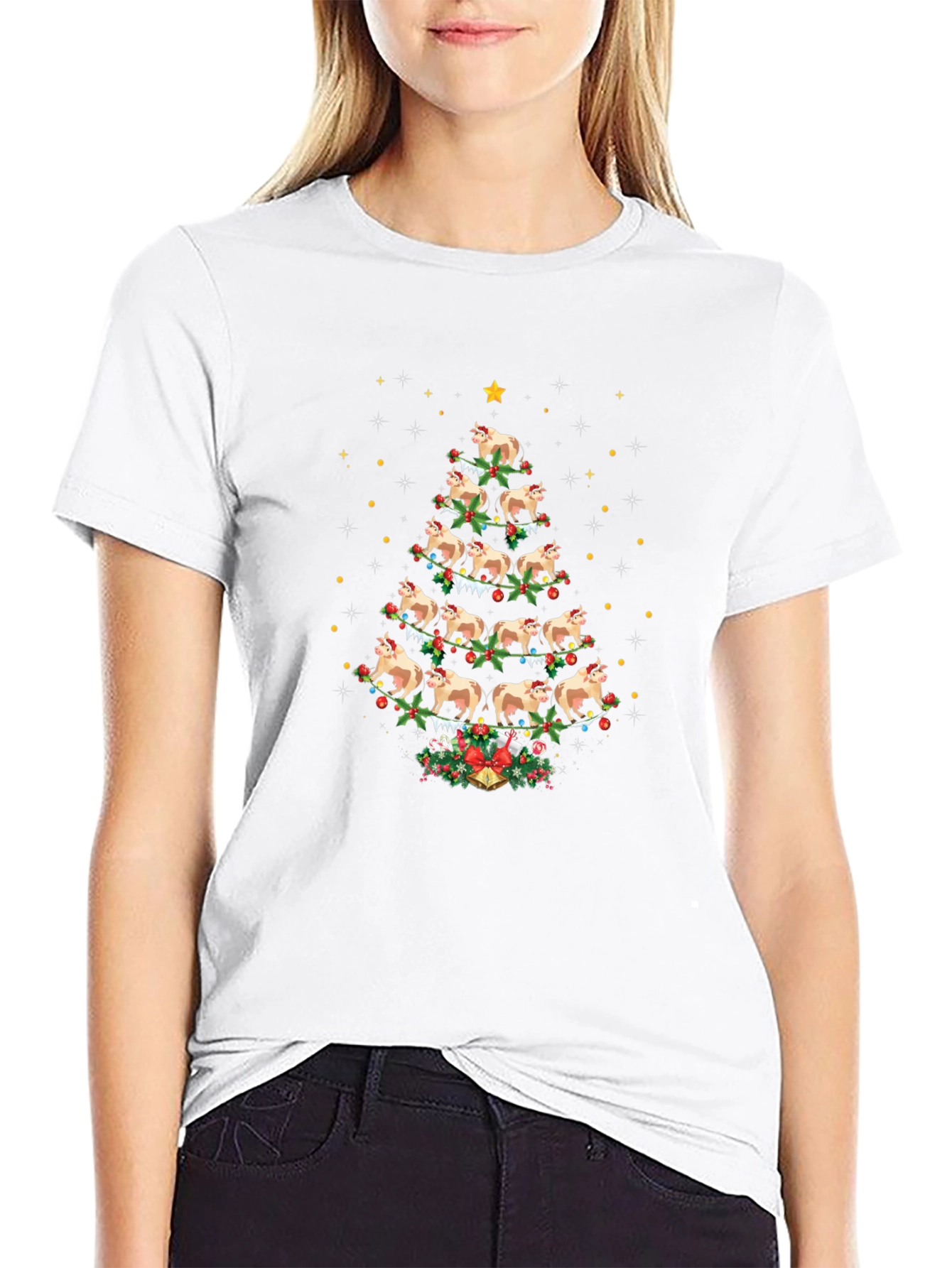 Cow Christmas Tree Black T-Shirt