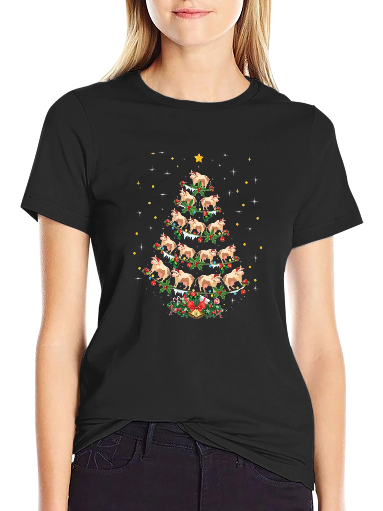 Cow Christmas Tree Black T-Shirt