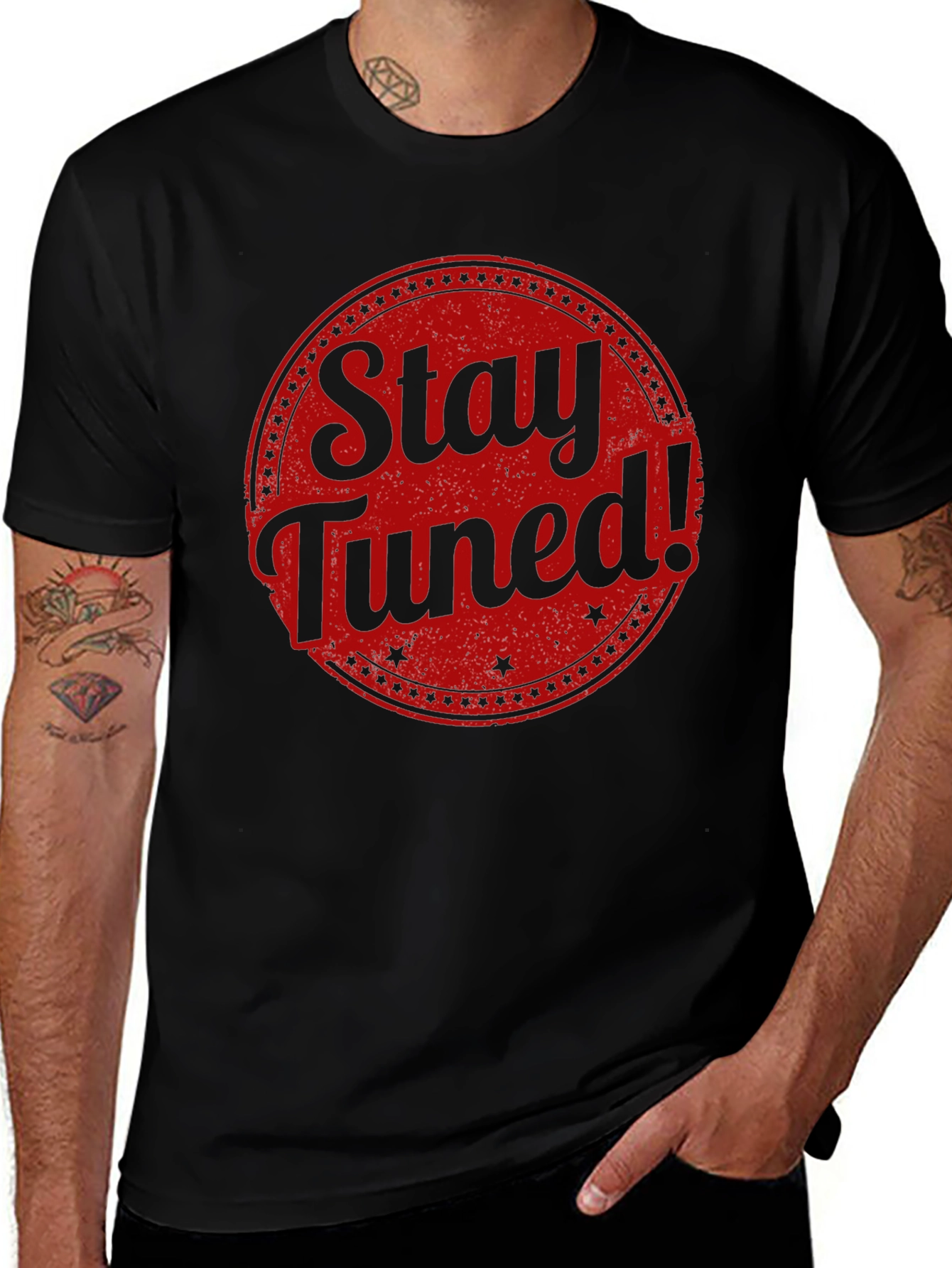 Stay Tuned Graphic Tee - Black Cotton T-Shirt