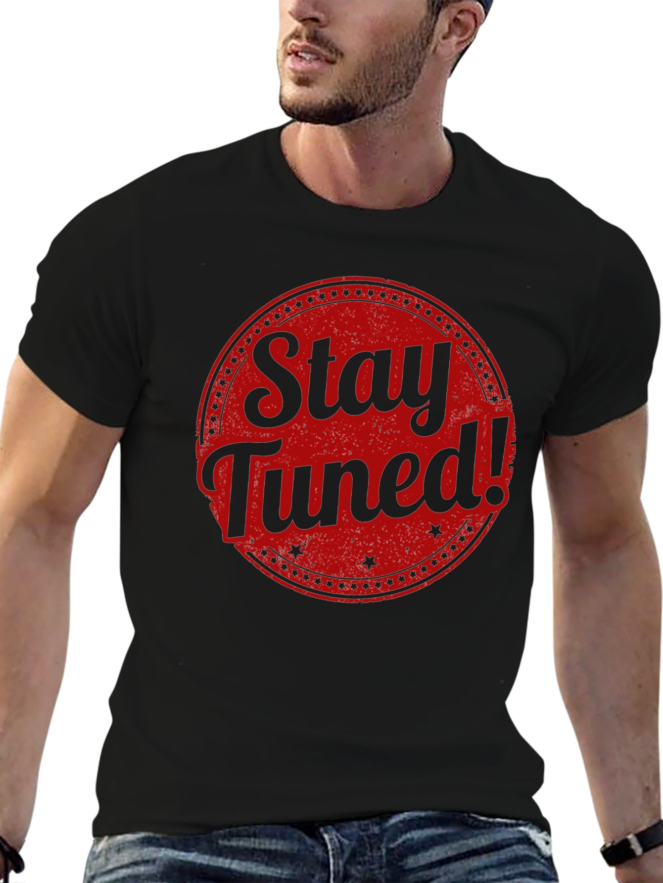 Stay Tuned Graphic Tee - Black Cotton T-Shirt