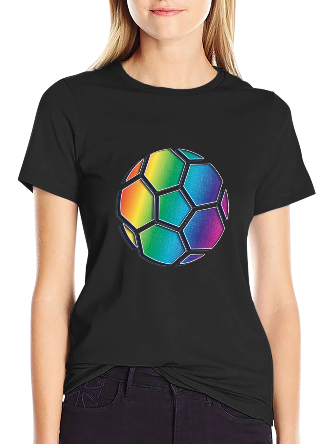 Rainbow Soccer Ball Graphic Tee - Black Cotton Blend