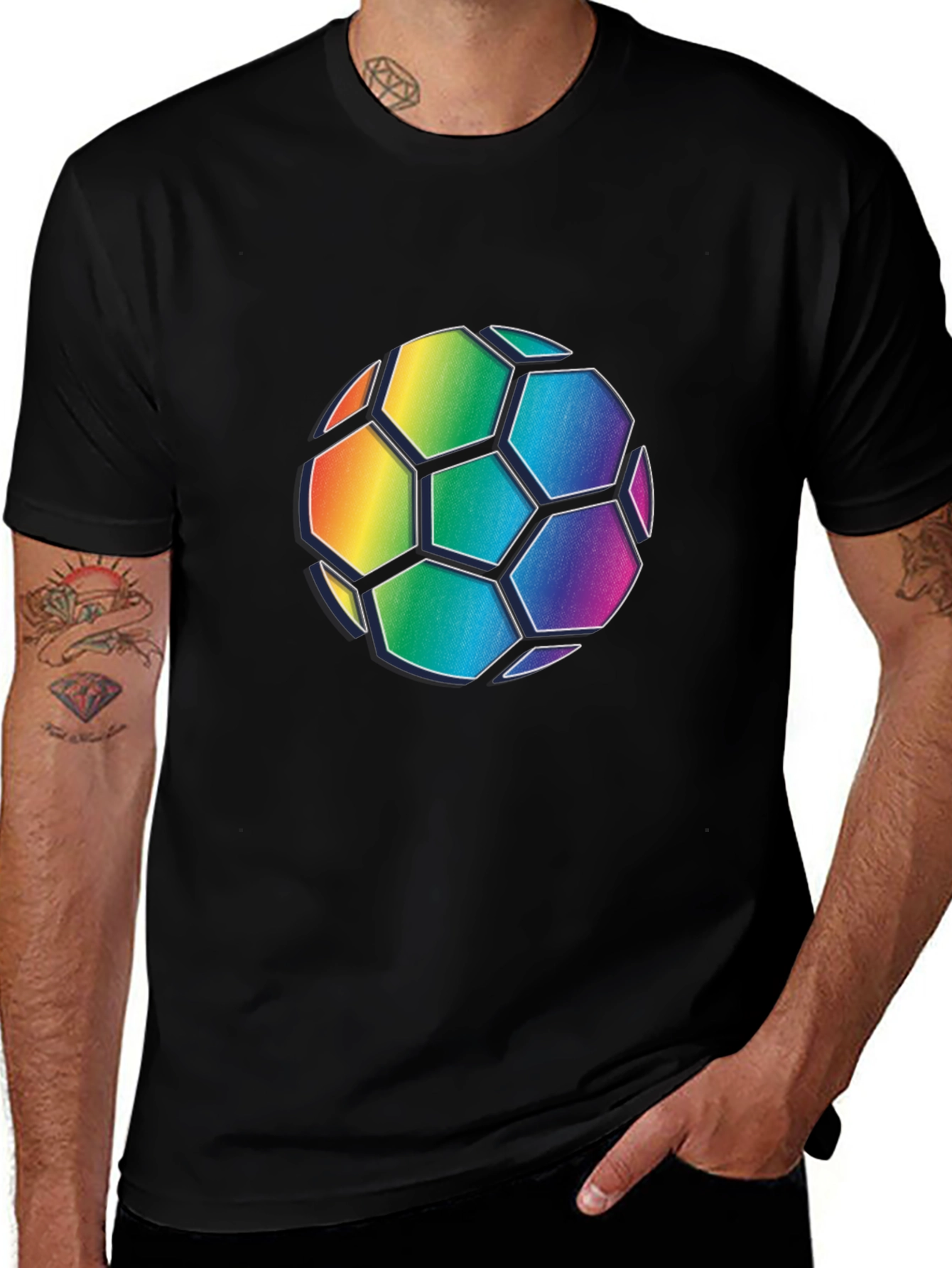Rainbow Soccer Ball Graphic Tee - Black Cotton Blend