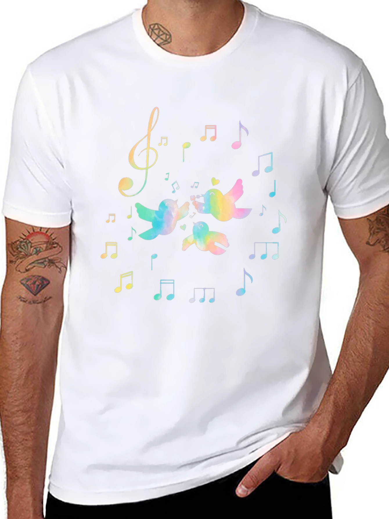 Rainbow Bird Music Notes Black T-Shirt