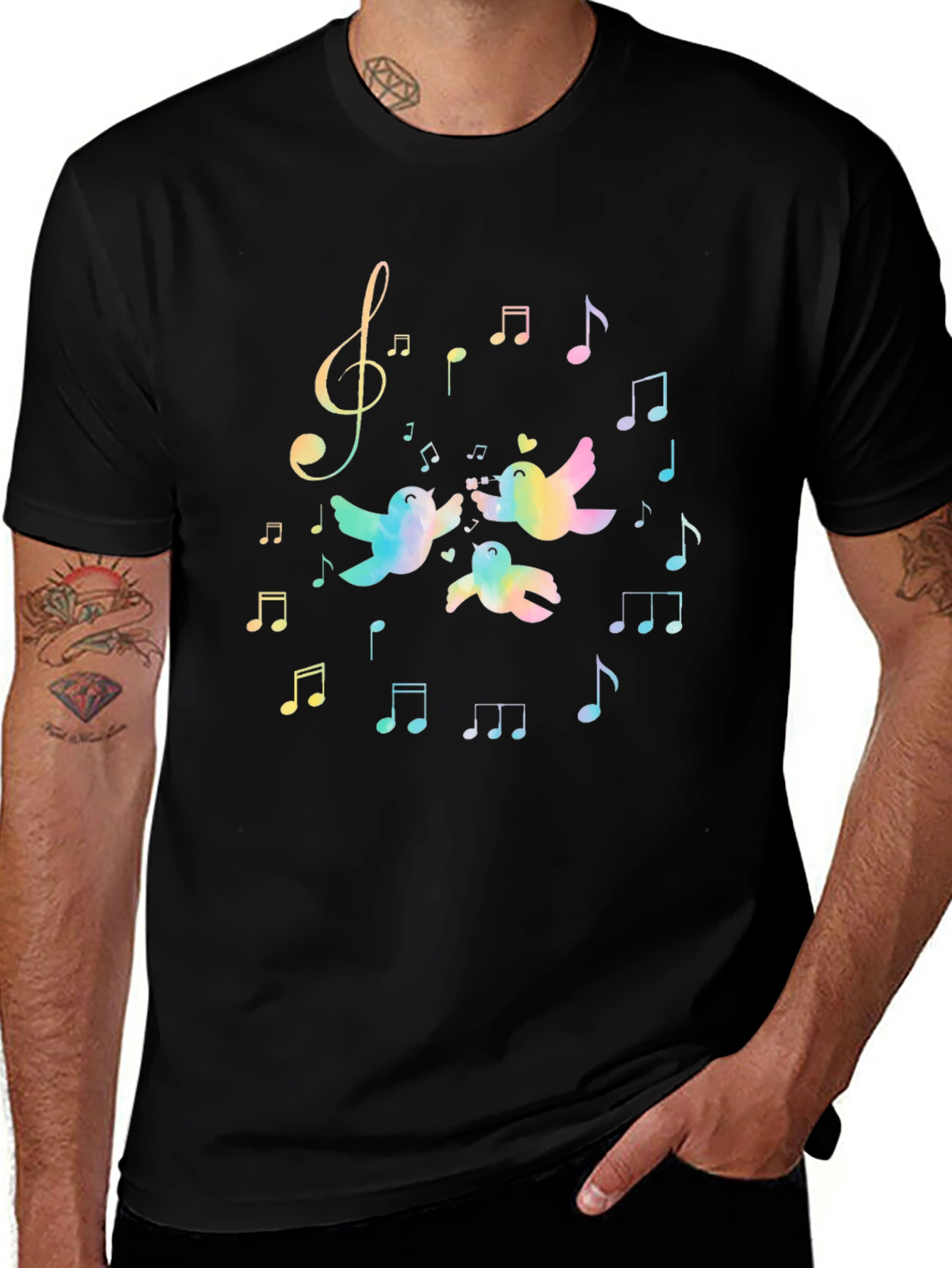 Rainbow Bird Music Notes Black T-Shirt